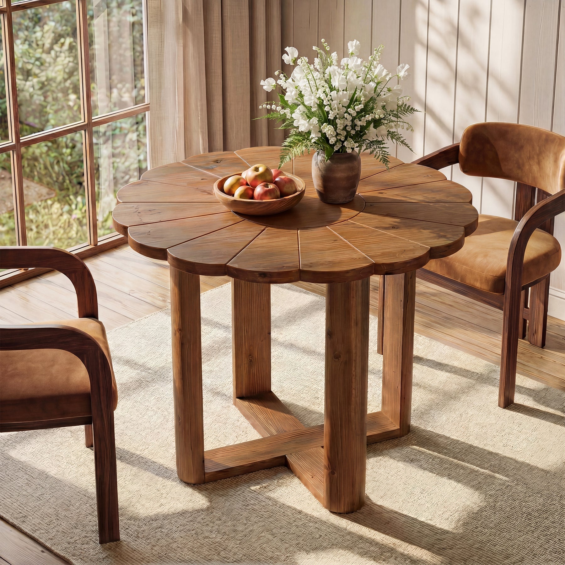 Table de salle à manger ronde en bois massif 80 cm pour 2 à 4 personnes, Style maison de campagne, avec motif floral sculpté