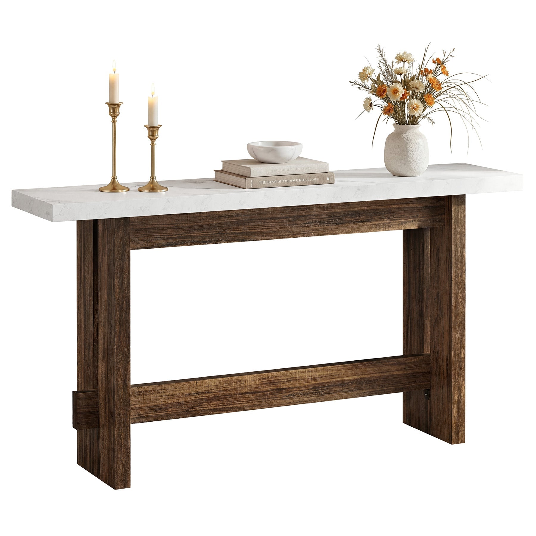 Tribesigns Console de style campagnard de 160 cm avec plateau aspect marbre, Table d'appoint étroite pour entrée et salon