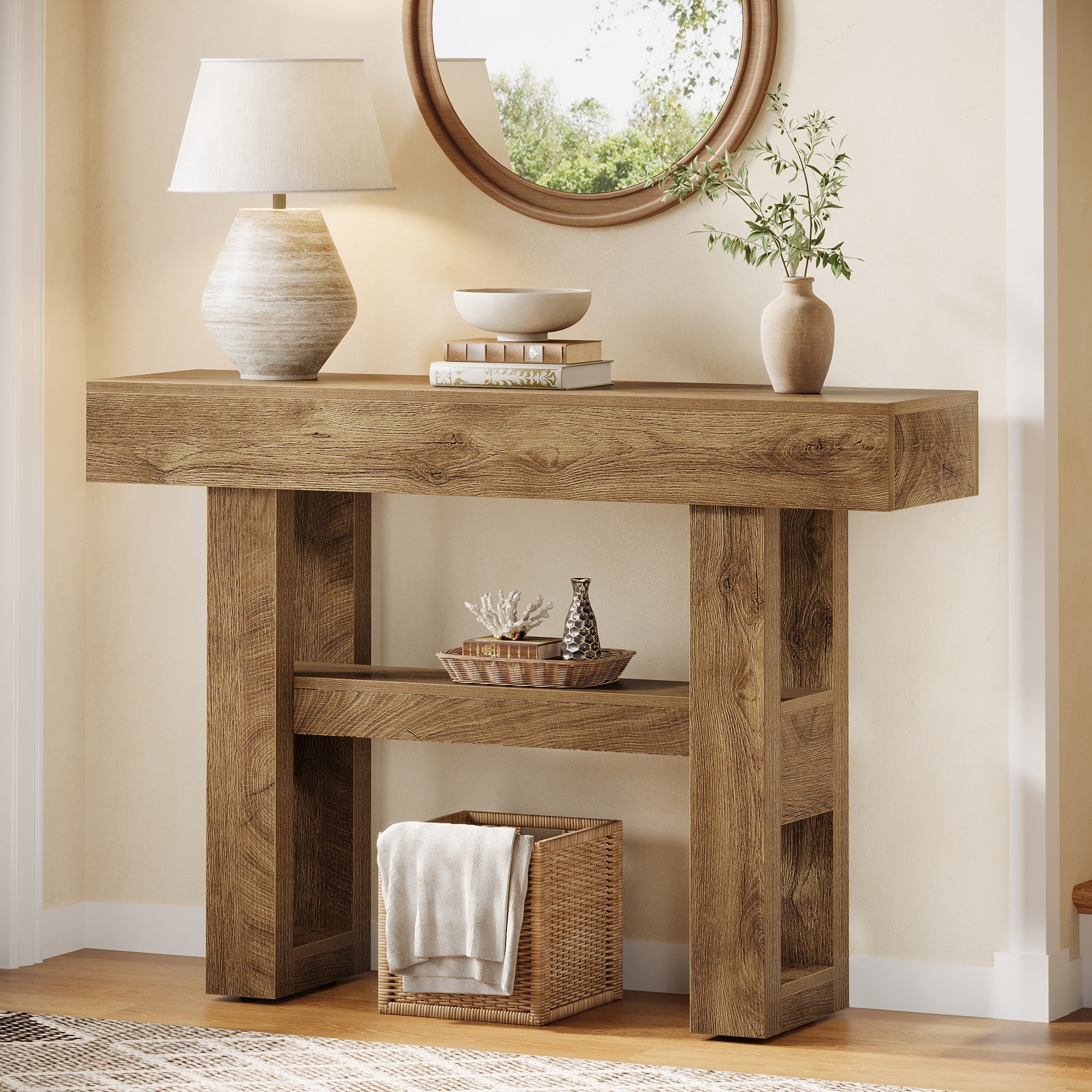 Tribesigns Farmhouse Table console étroite à 2 niveaux, Meuble d'entrée avec compartiments de rangement