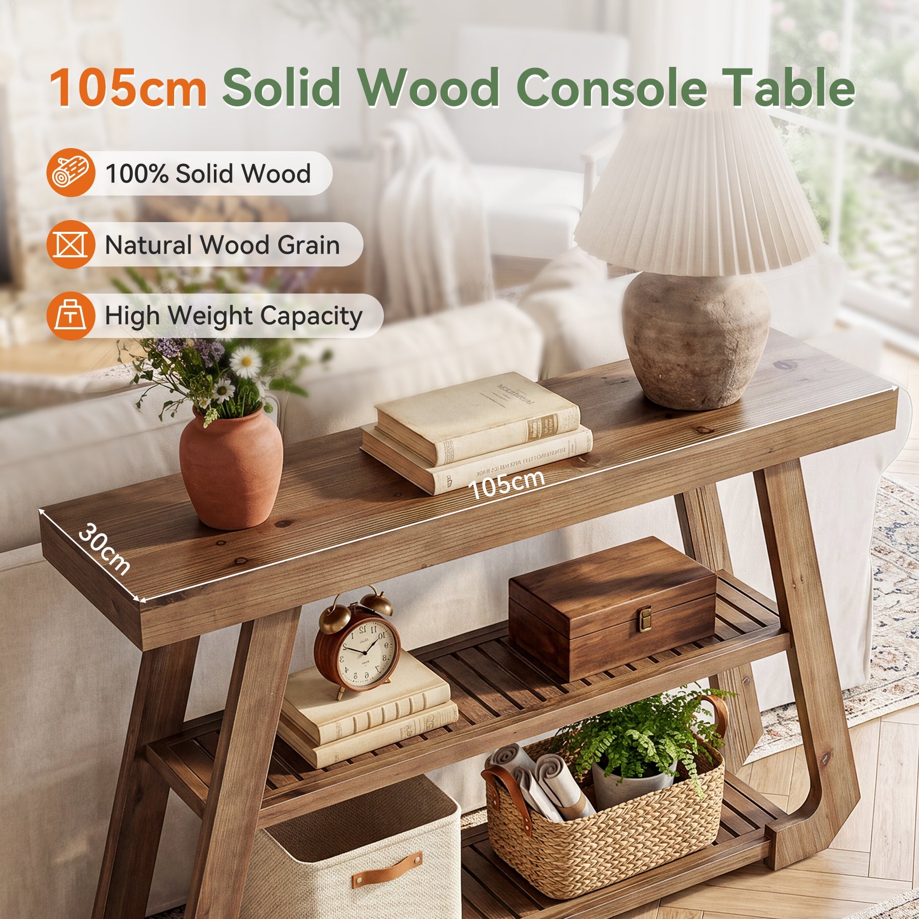 Tribesigns Console en bois massif de 105 cm avec 3 étagères, Style campagnard avec piètement en A