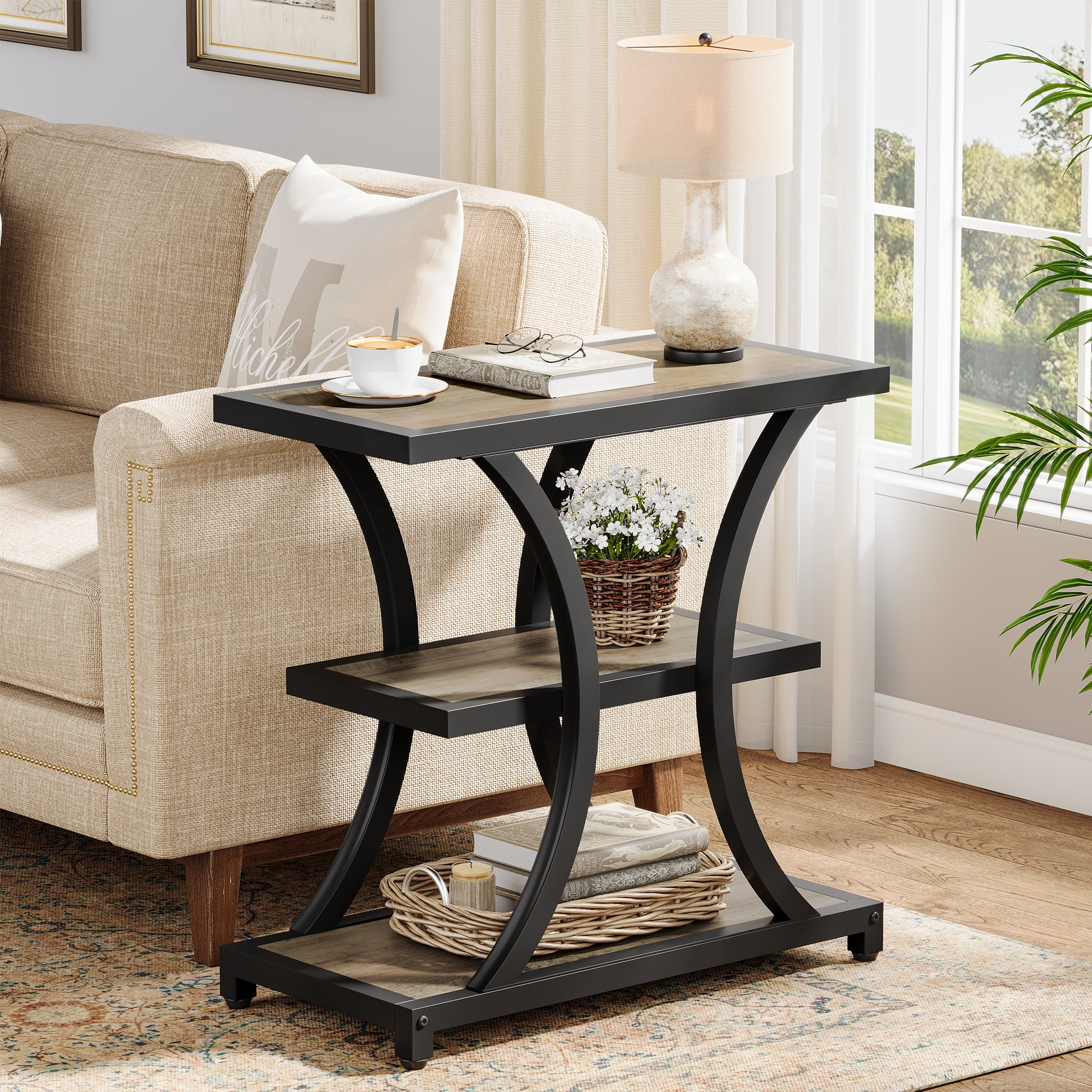 Tribesigns Table d'appoint avec espace de rangement, Table d'appoint à 3 niveaux avec design géométrique en métal