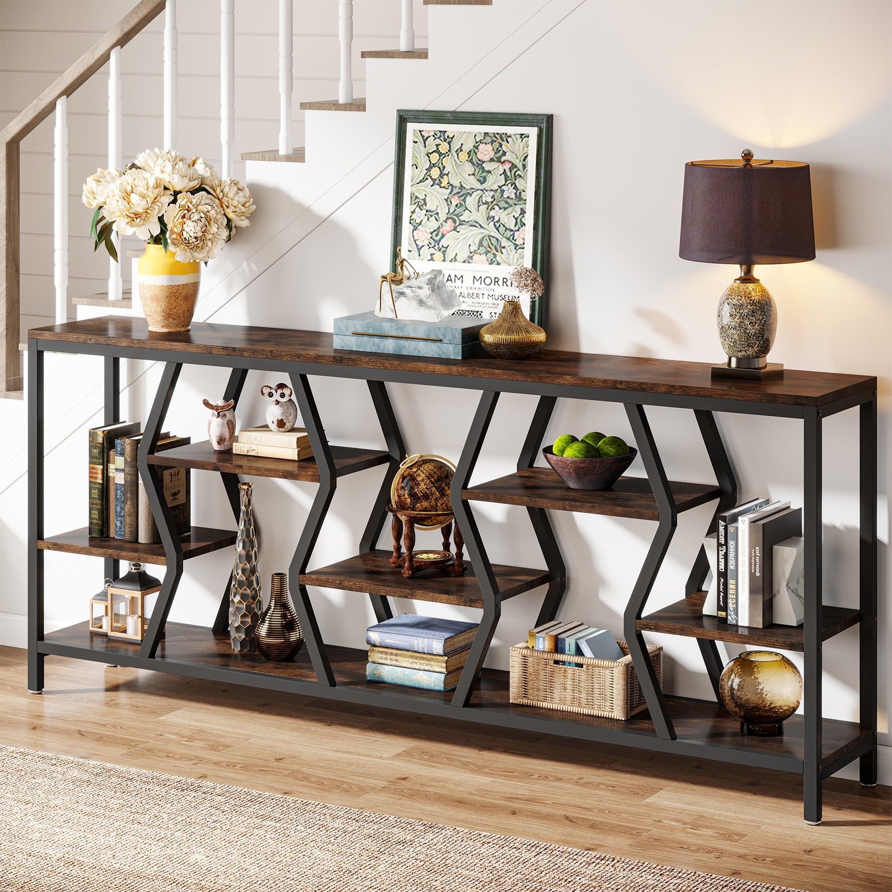 Tribesigns Konsolentisch 180 cm mit 4 Ablagen, Schmaler Sofatisch im Industrial-Landhausstil