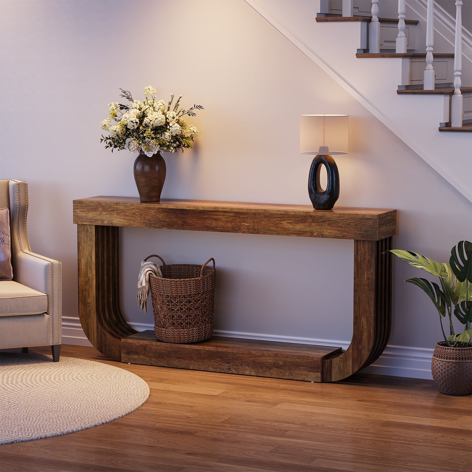 Tribesigns Table console 180 cm, Table d'appoint à 2 niveaux avec pied en forme de U