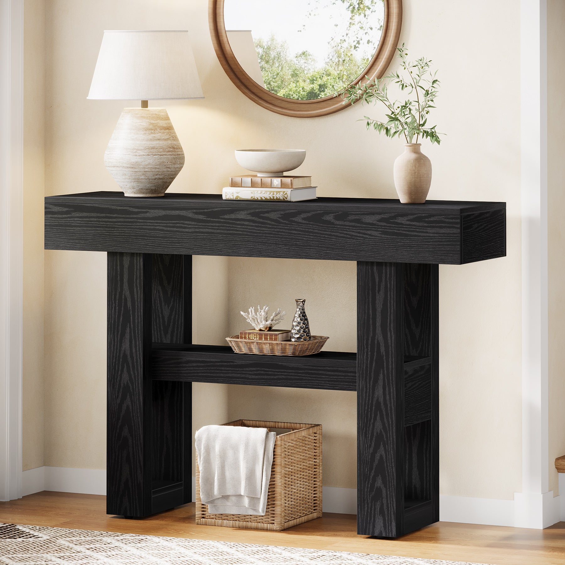 Tribesigns Farmhouse Table console étroite à 2 niveaux, Meuble d'entrée avec compartiments de rangement
