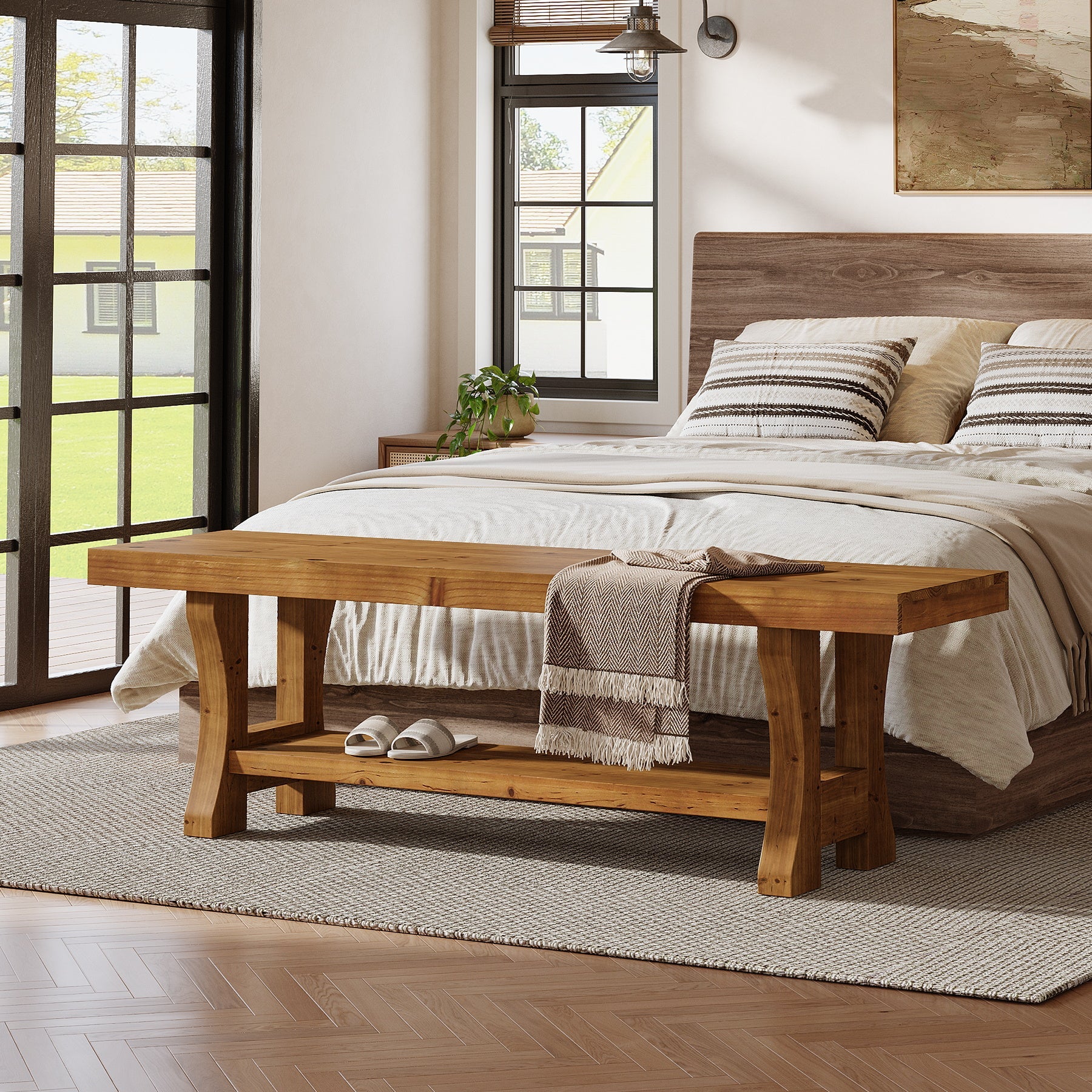 Banc en bois massif de 140 cm, Long banc en bois de style campagnard avec rangement