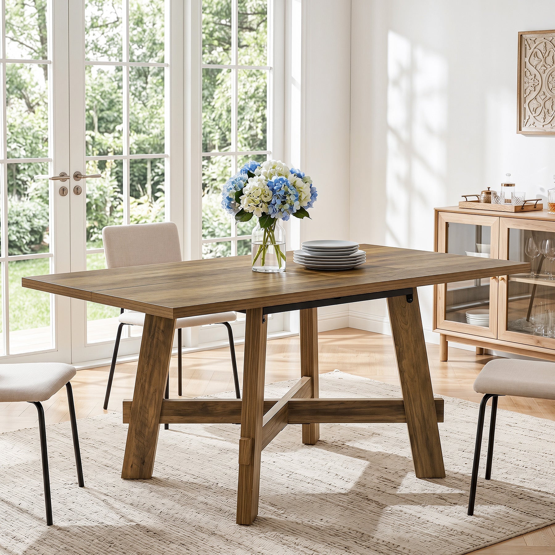 Tribesigns Table de salle à manger rustique de 140 cm pour 4 personnes avec traverse, Table de cuisine en bois pour appartement et salle à manger