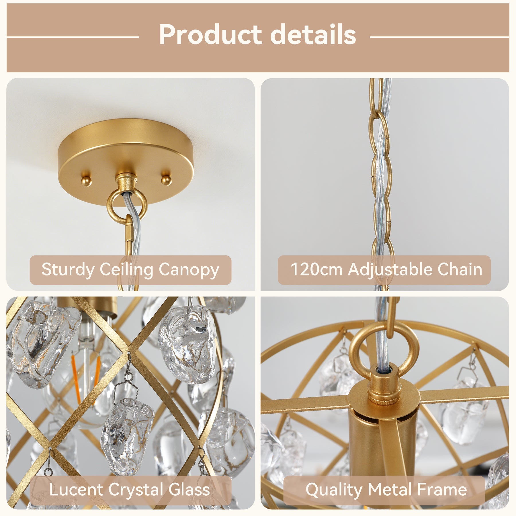 Luminaire suspendu moderne avec cristaux de verre effet vague et douille E27, Suspension dorée 17,5 x 17,5 x 30 cm, pour îlot de cuisine salle à manger et couloir [Classe énergétique E]