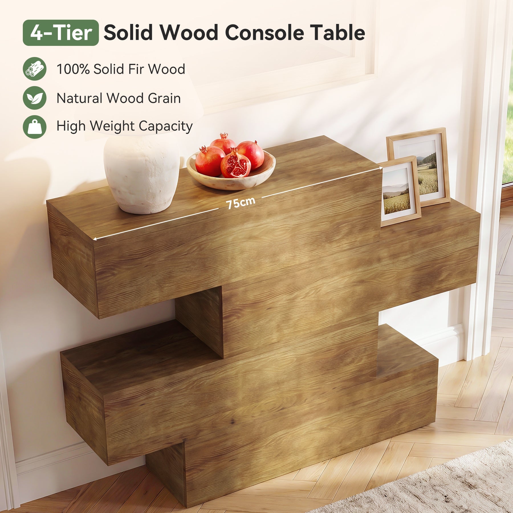 Console en bois massif de 110 cm avec 4 étagères, Table d'entrée étroite de style champêtre