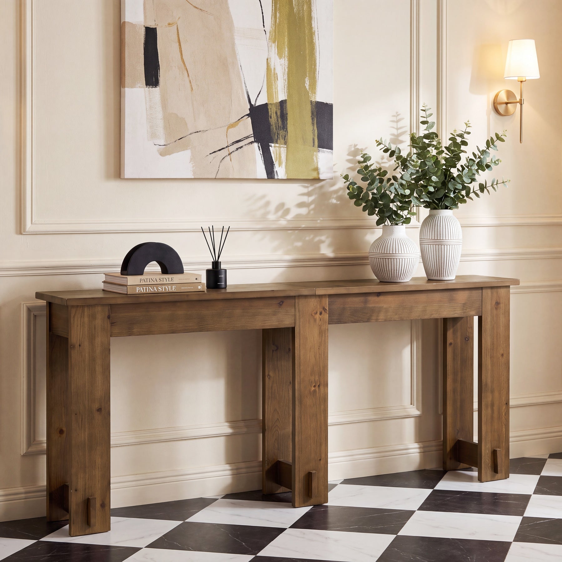 Console en bois massif de 200 cm, Table-banc extra longue en pin à 6 pieds