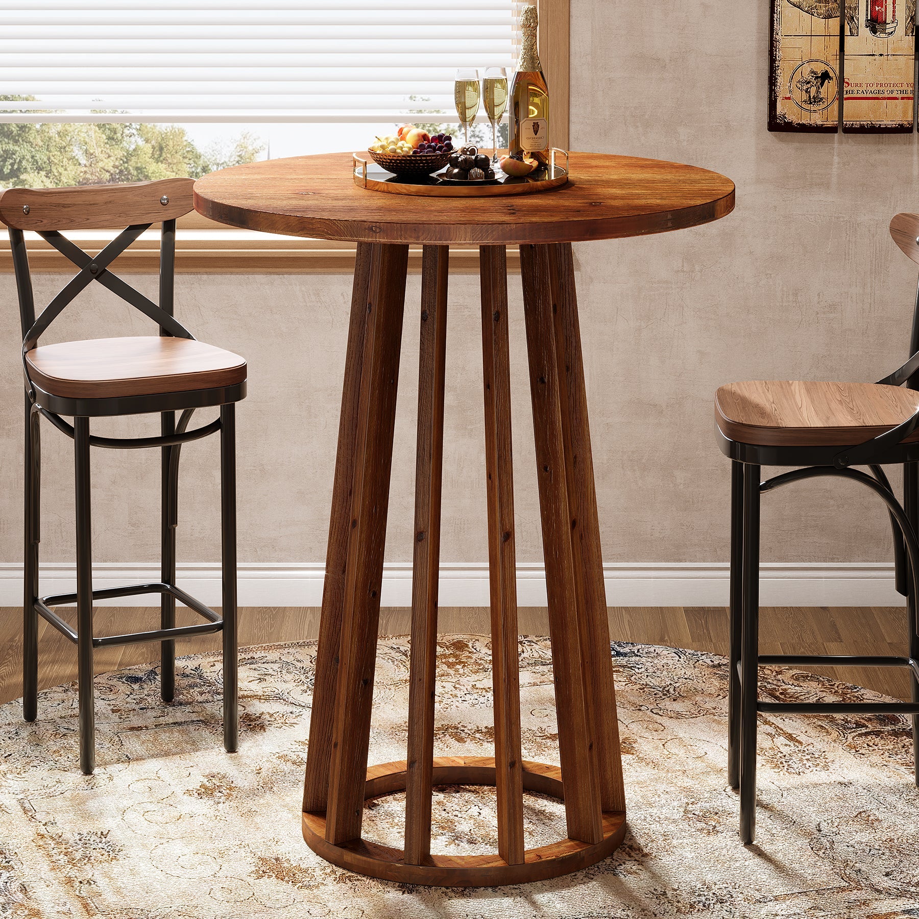 Tribesigns Table haute ronde 95 cm de hauteur, Table de bar en bois massif de style campagnard