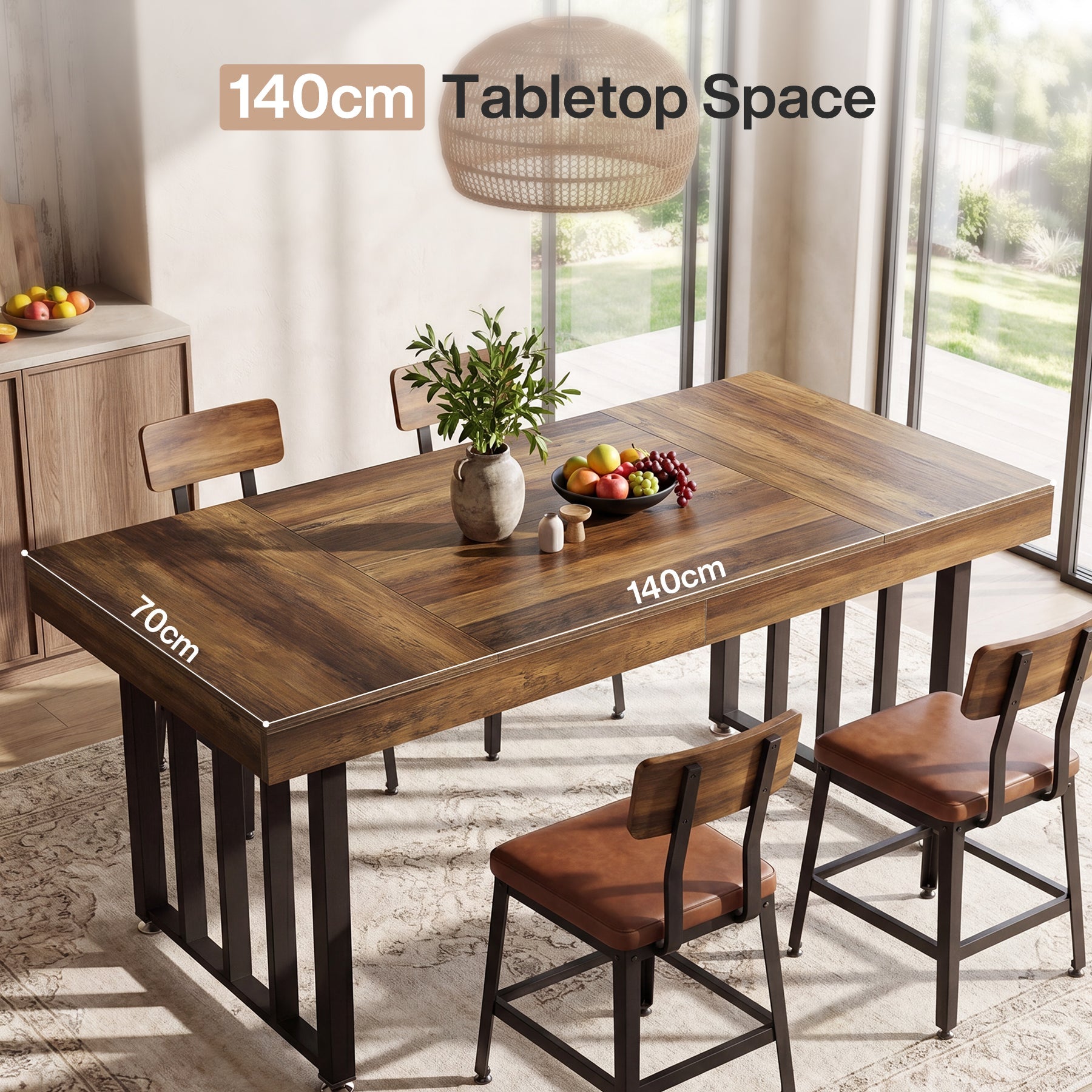 Table à manger 140 cm pour 4 personnes, Table de cuisine rectangulaire avec pieds en métal robustes