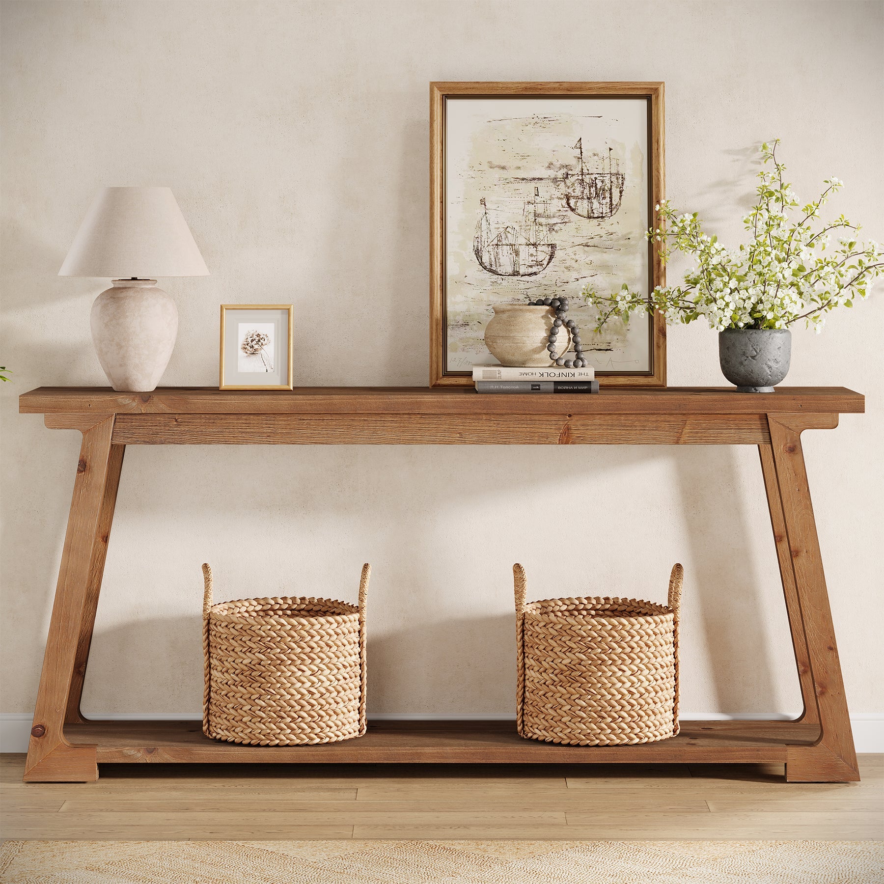 Tribesigns Console en bois massif de 160 cm à placer derrière un canapé avec 2 étagères, Table basse longue et étroite idéale pour le salon et l'entrée