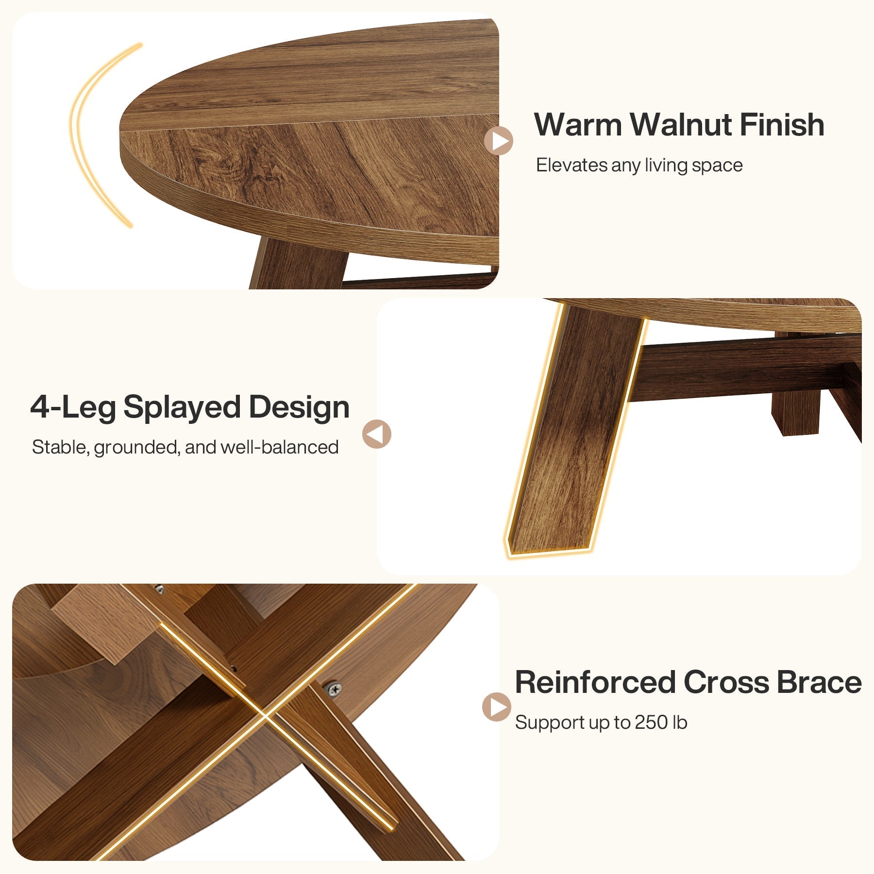 Tribesigns Table basse ronde de style moderne du milieu du siècle 100 cm avec traverses en bois