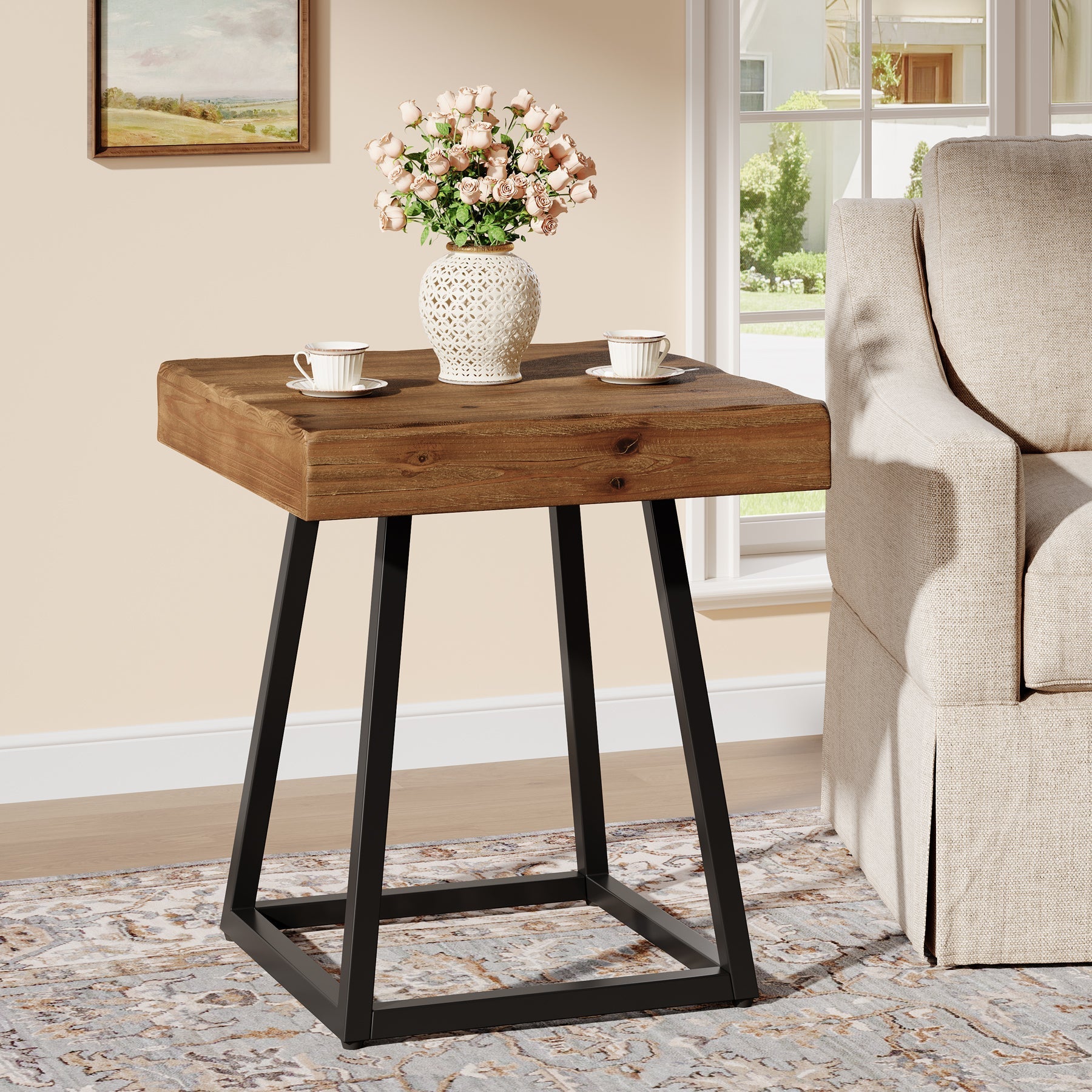 Tribesigns Table d'appoint en bois massif 50 cm, Table de chevet carrée avec piètement en métal