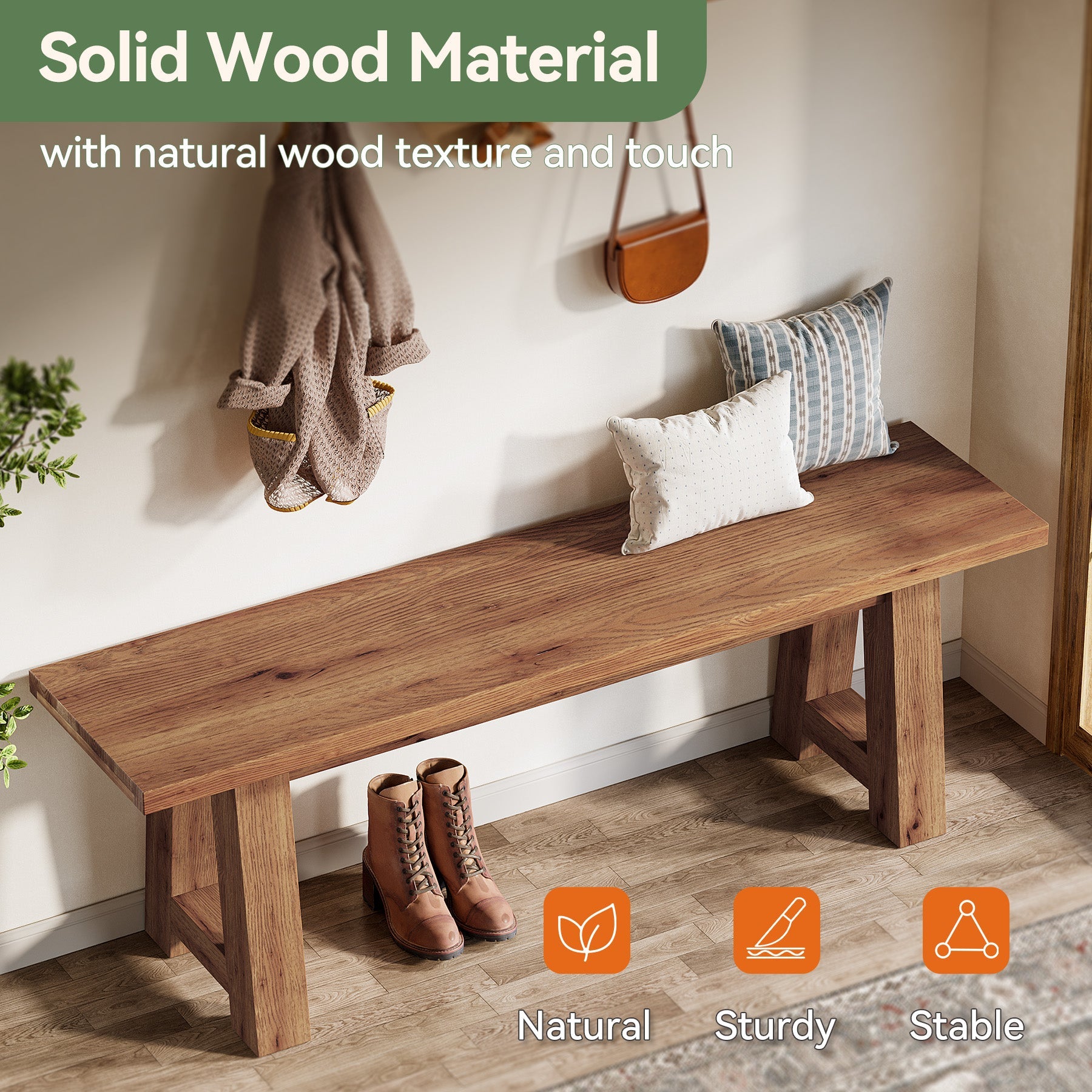 Banc en bois massif de 140 cm de long, Style champêtre en bois naturel