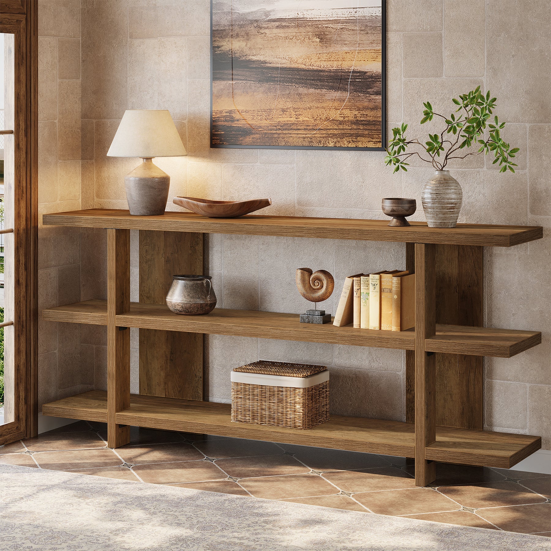 Tribesigns Console de 160 cm avec espace de rangement, Table d'entrée étroite en bois à 3 niveaux de style champêtre