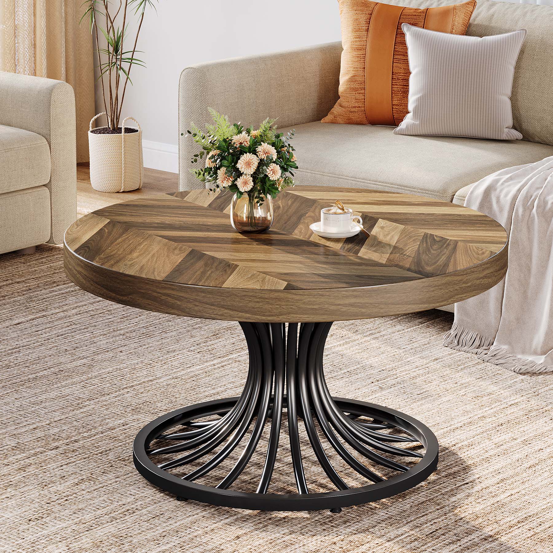 Tribesigns Table basse, Table centrale circulaire de ferme de 80 cm avec piédestal élégant