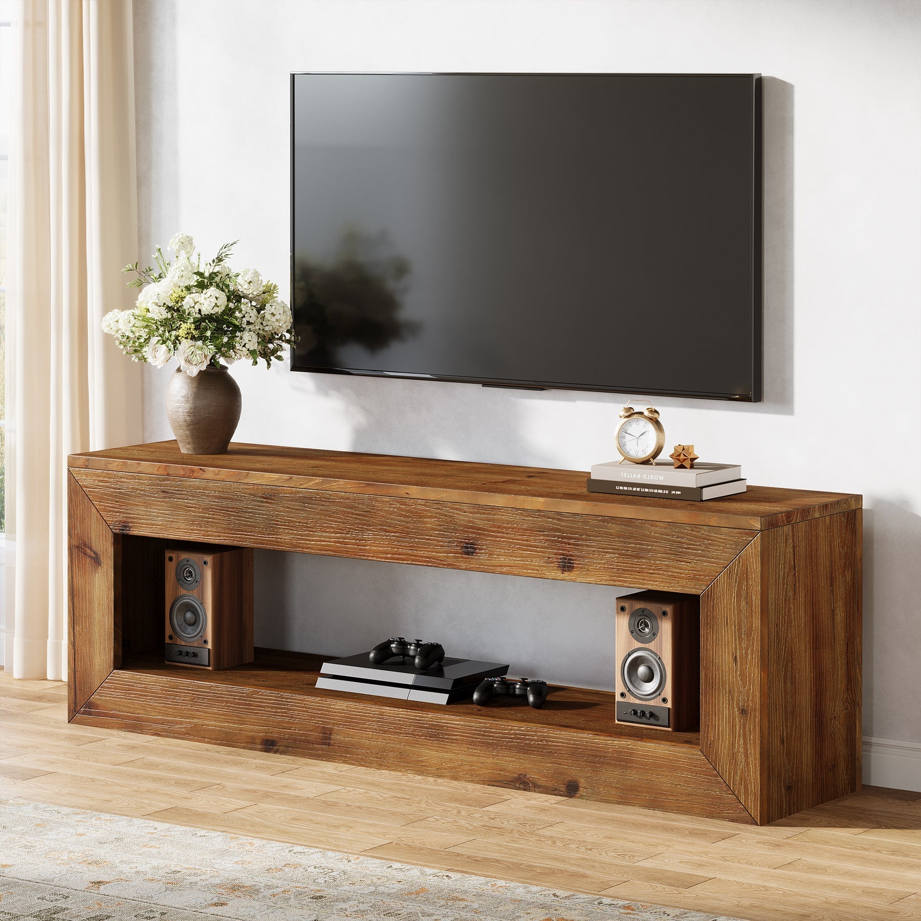 Tribesigns Meuble TV 120 cm en bois massif avec rangement, Meuble bas rustique pour équipement multimédia