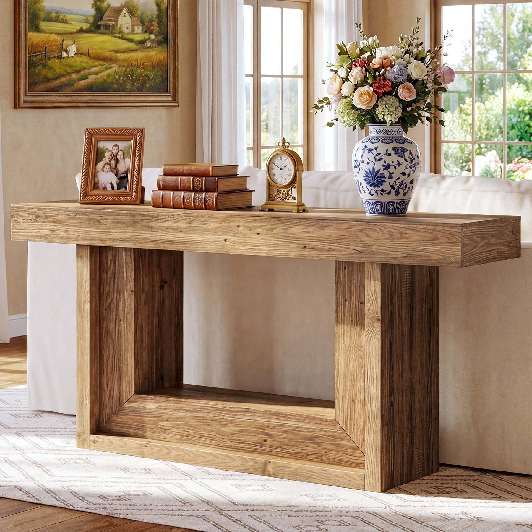 TribesignsConsole étroite en bois massif de 160 cm, Style campagne avec piètement en U et étagère
