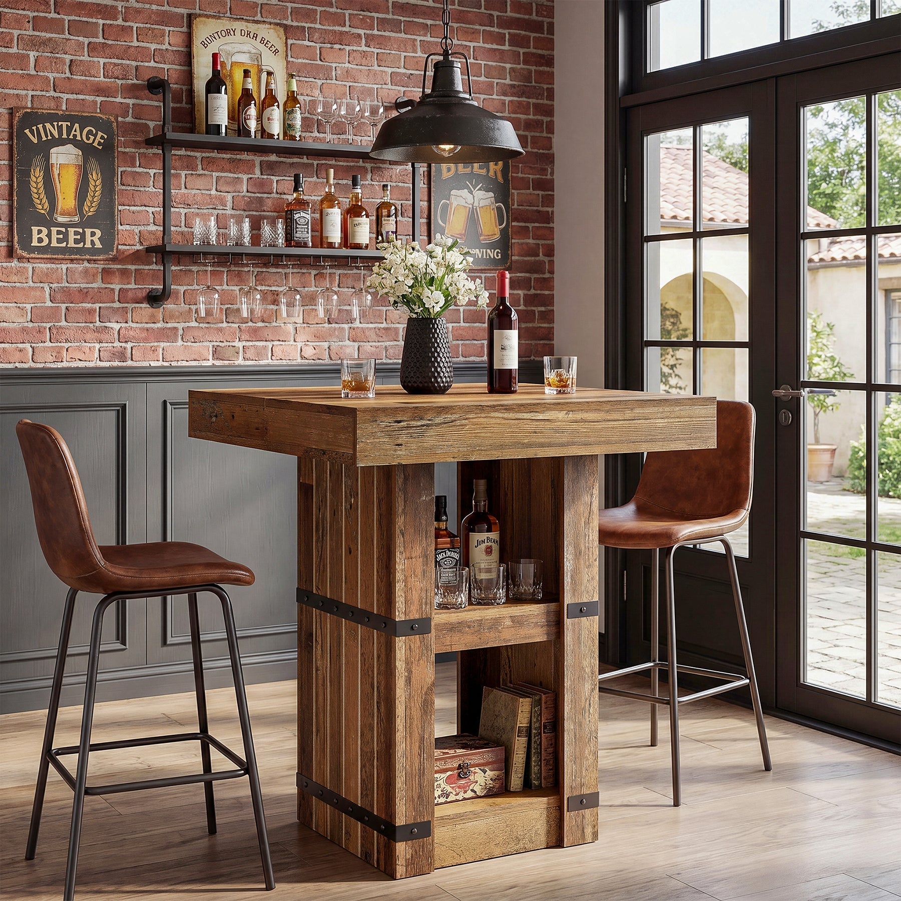 Tribesigns Bartafel 80 × 80 cm met Opbergruimte, Hoge Statafel van 95 cm, Keukentafel in Industriële Landelijke Stijl