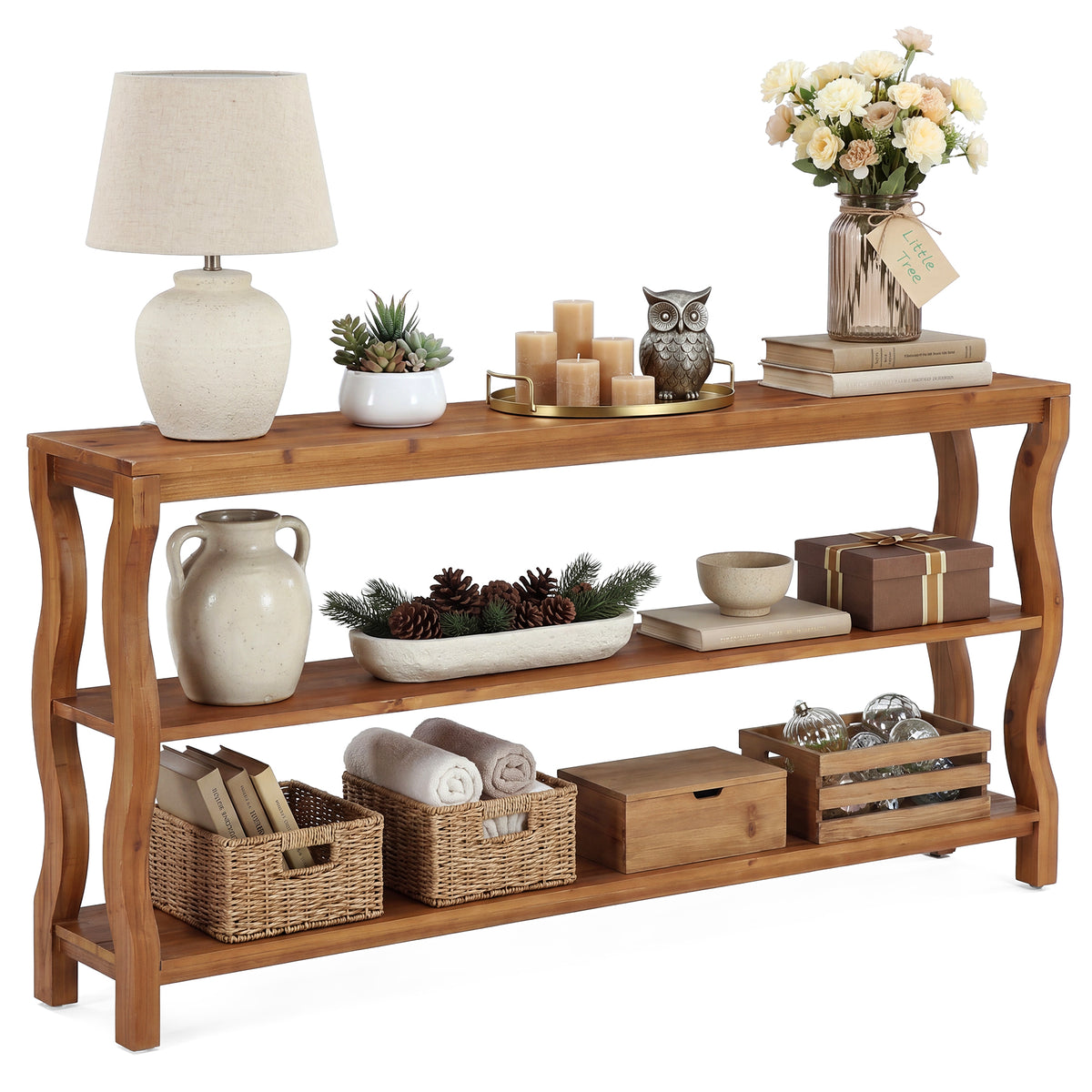 Console en bois massif à 3 niveaux avec étagères ouvertes, Table d'entrée Table de canapé ou table d'appoint de 160 cm pour couloir, salon ou derrière le canapé