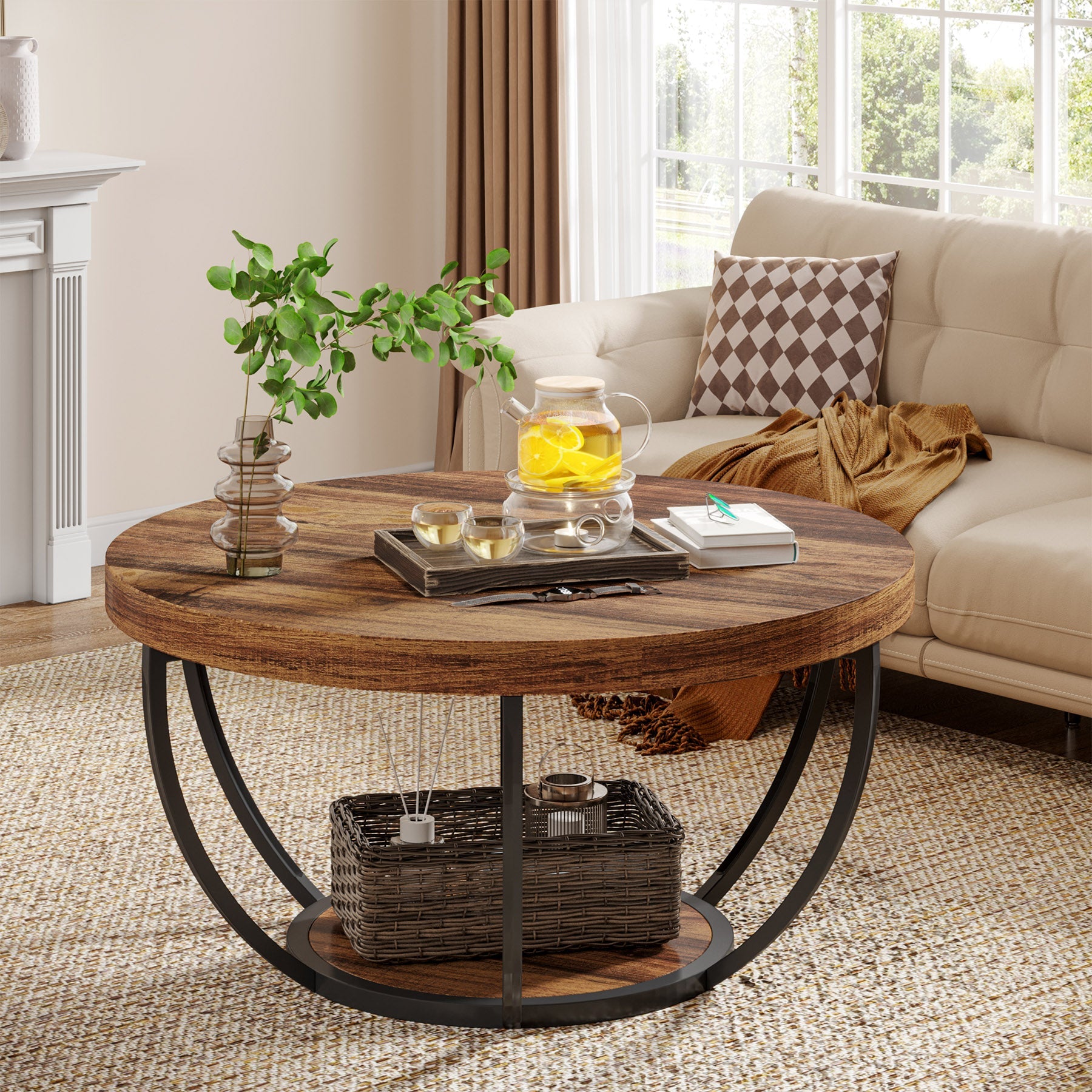 Tribesigns Table basse ronde, Table basse ovale en bois et metal noir