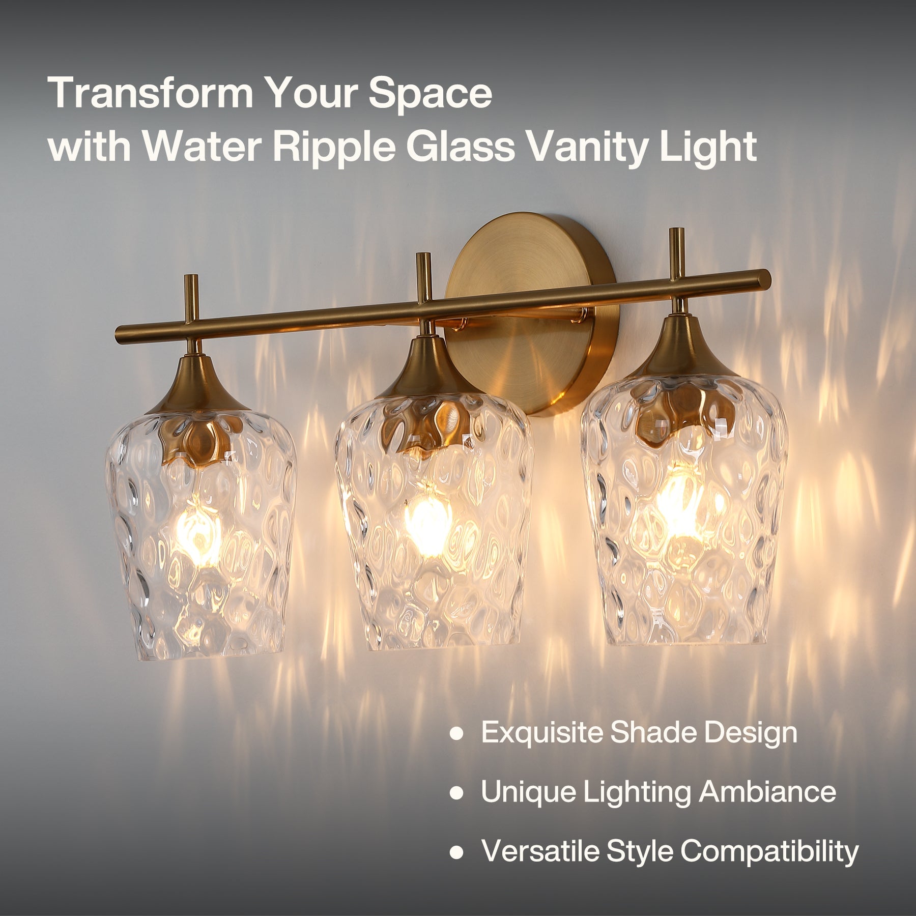 Tribesigns Applique murale LED à 3 lumières pour salle de bain, Dorée avec verre texturé douille E27 éclairage miroir