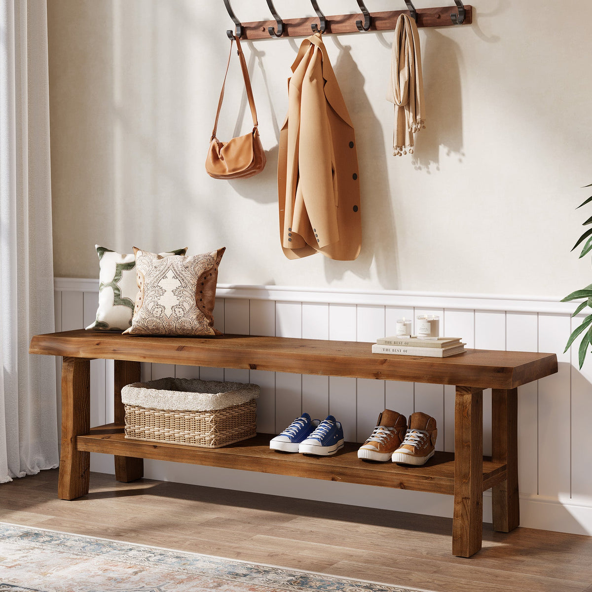 Tribesigns Banc à chaussures en bois massif (140 cm) avec étagère, Style maison de campagne pour 2 à 3 personnes