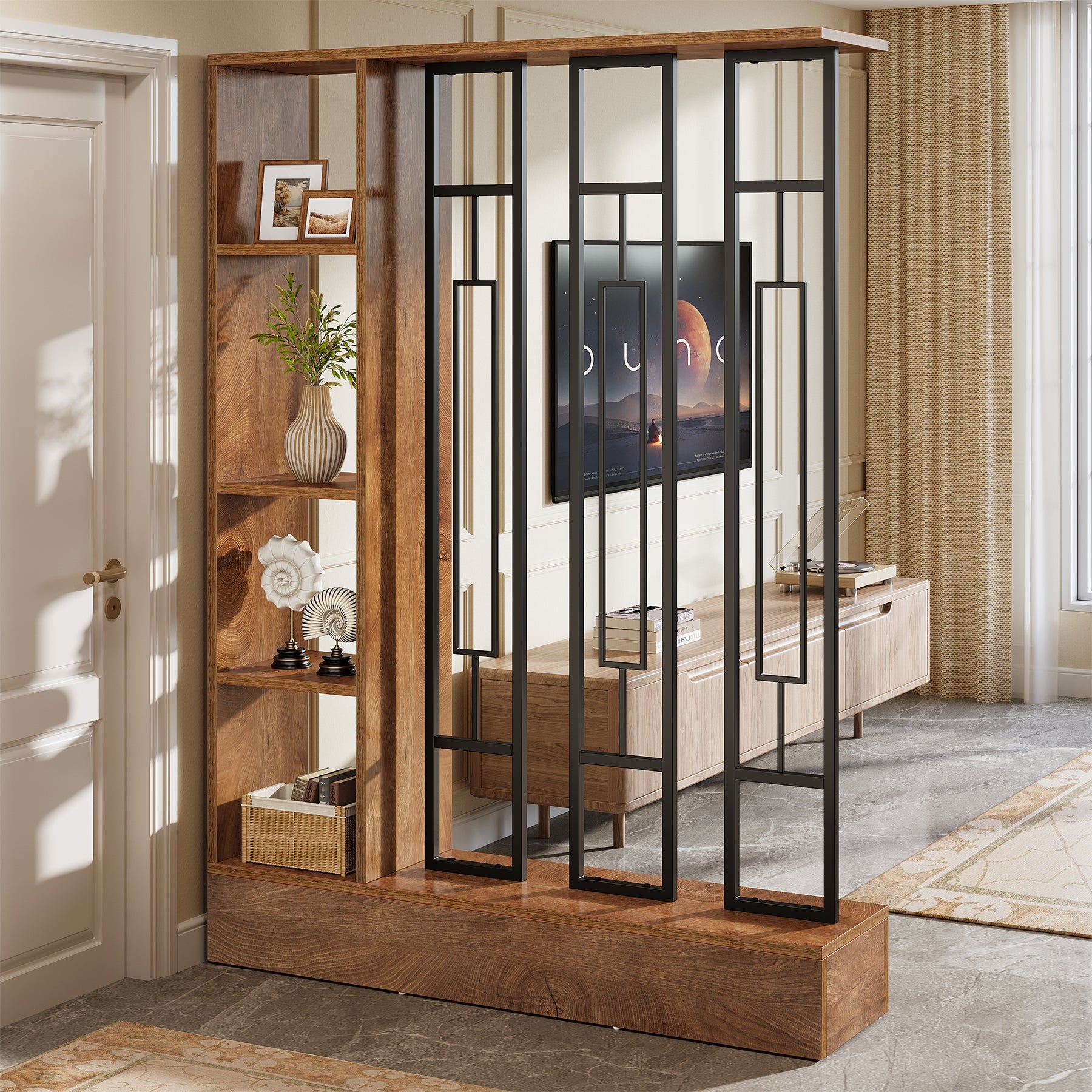 Paravent autoportant de 120 cm en bois et métal, Écran d'intimité avec étagères