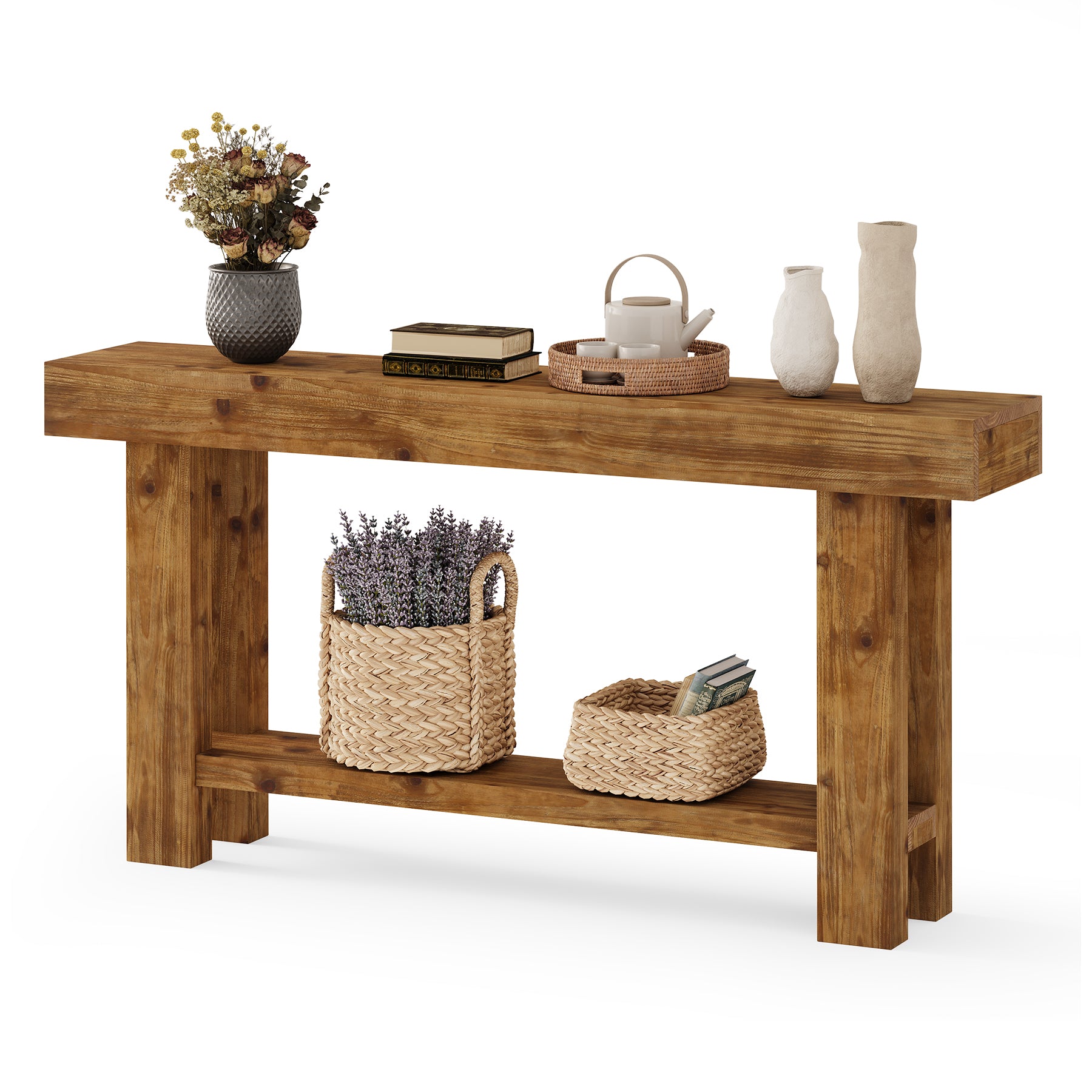 Console en bois massif 160 cm de large à deux niveaux, idéale comme buffet, Table d'appoint pour le salon, style campagnard