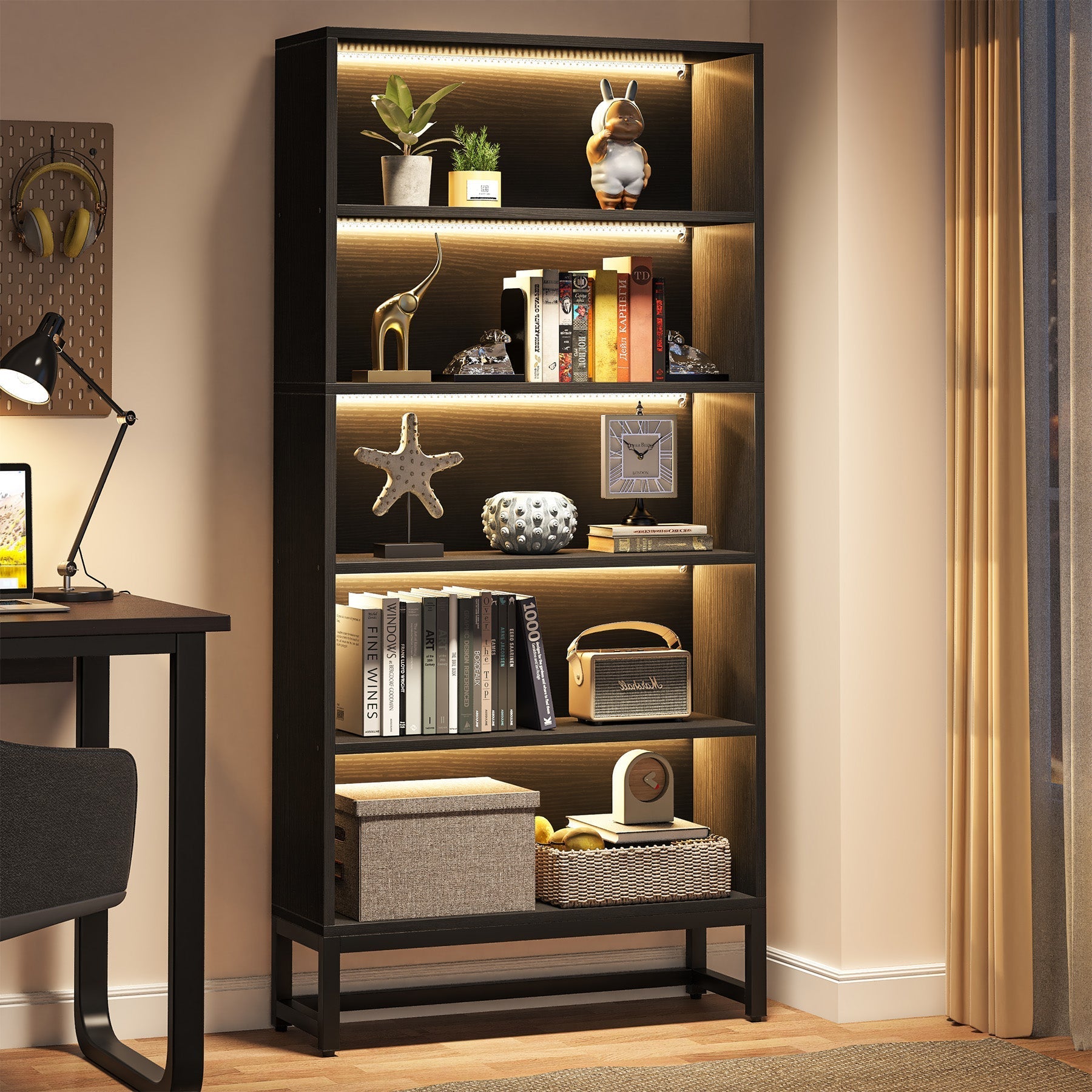 Tribesigns Bibliothèque de 180 cm de haut avec éclairage LED noire à 5 niveaux de rangement