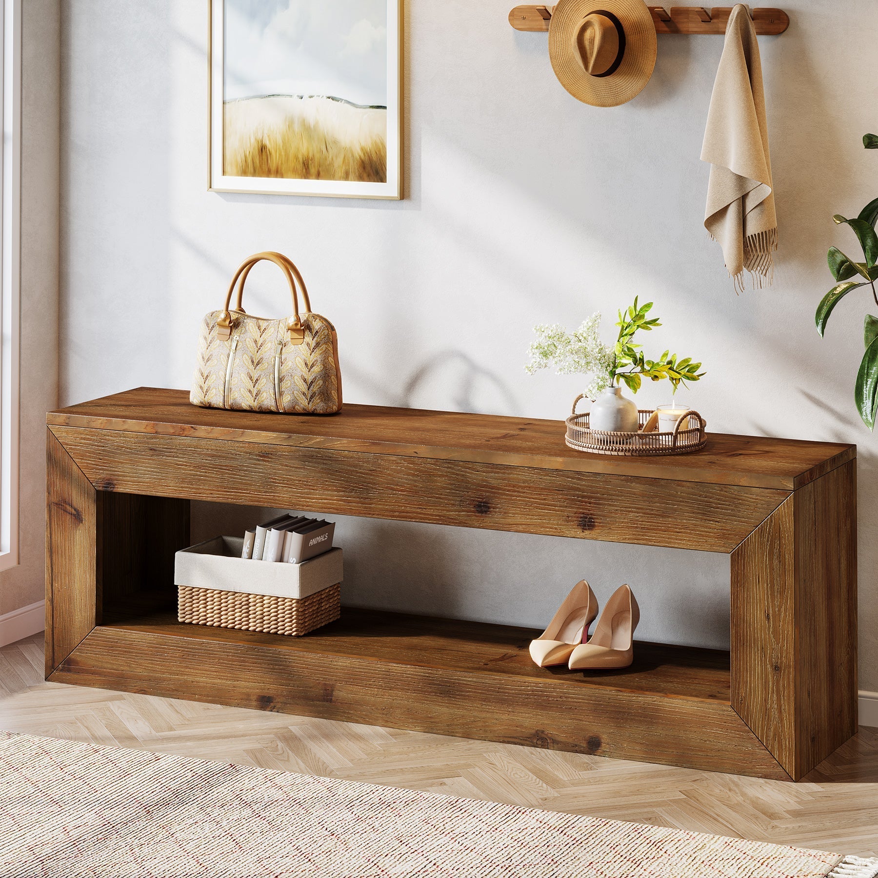 Banc d'entrée en bois massif de 120 cm avec étagère de rangement style rustique