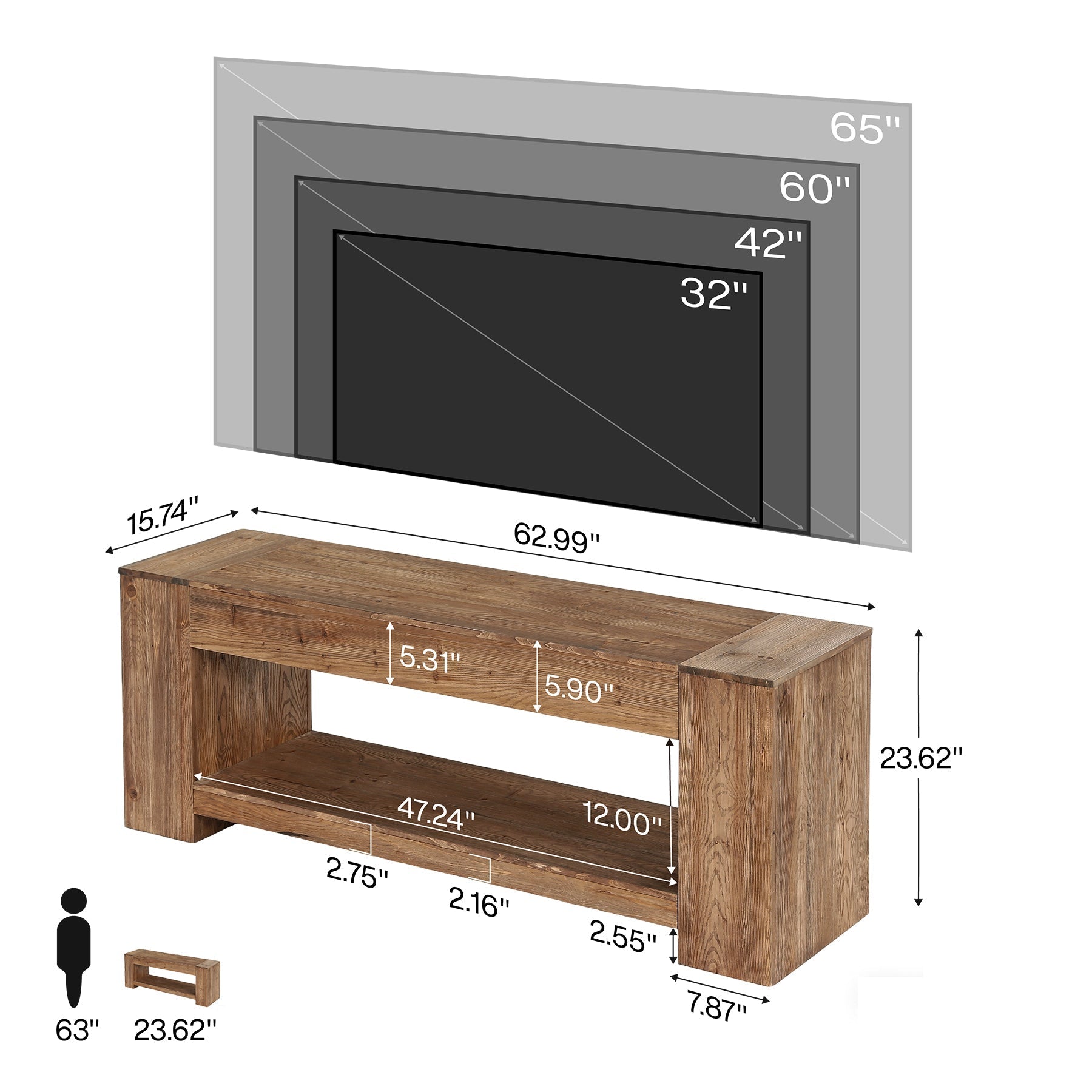 Tribesigns Meuble TV en bois massif de 160 cm pour téléviseurs jusqu'à 75 pouces, Meuble TV rustique avec compartiment de rangement ouvert