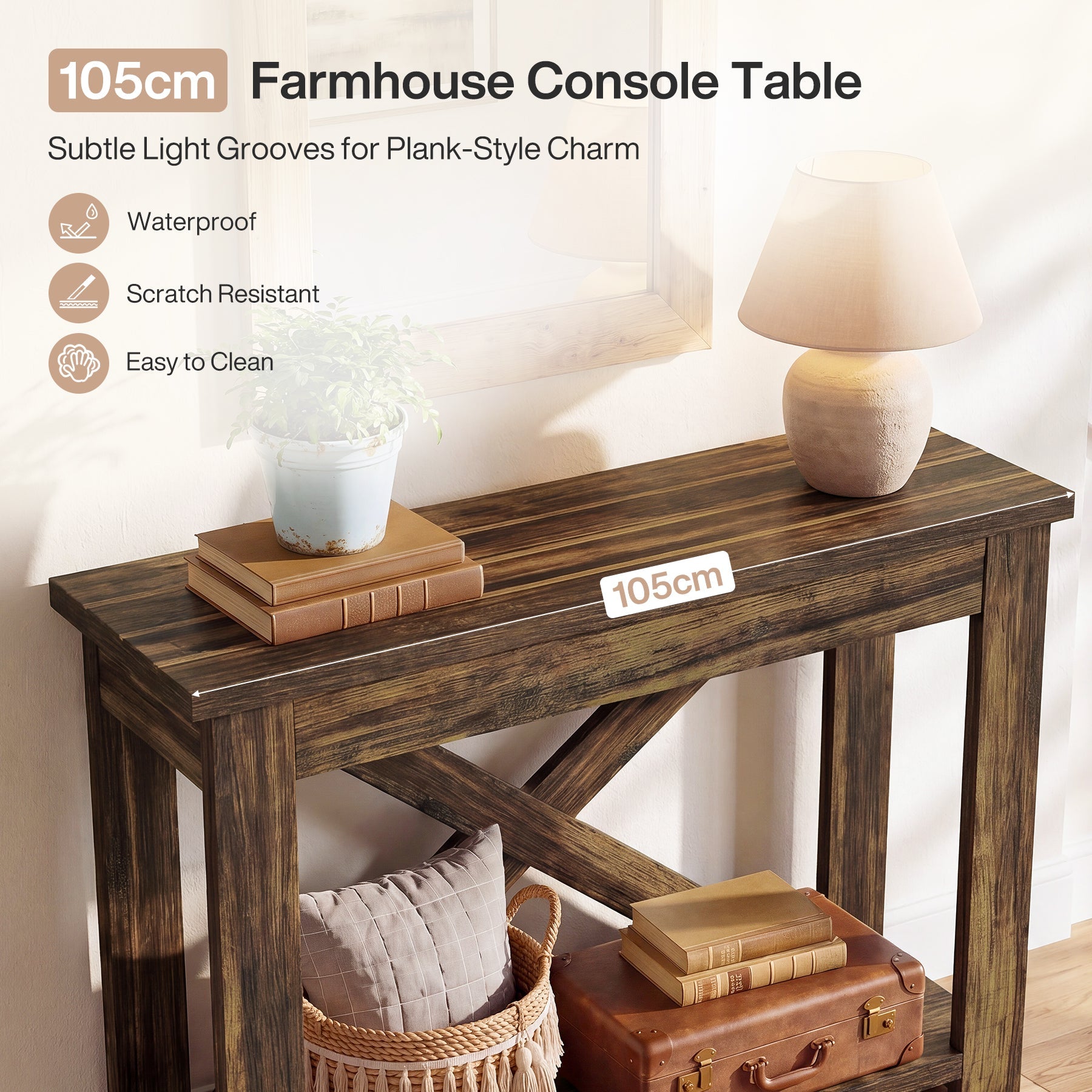 Tribesigns Console de 105 cm de long style champêtre avec étagère, Table d'entrée étroite à 2 niveaux