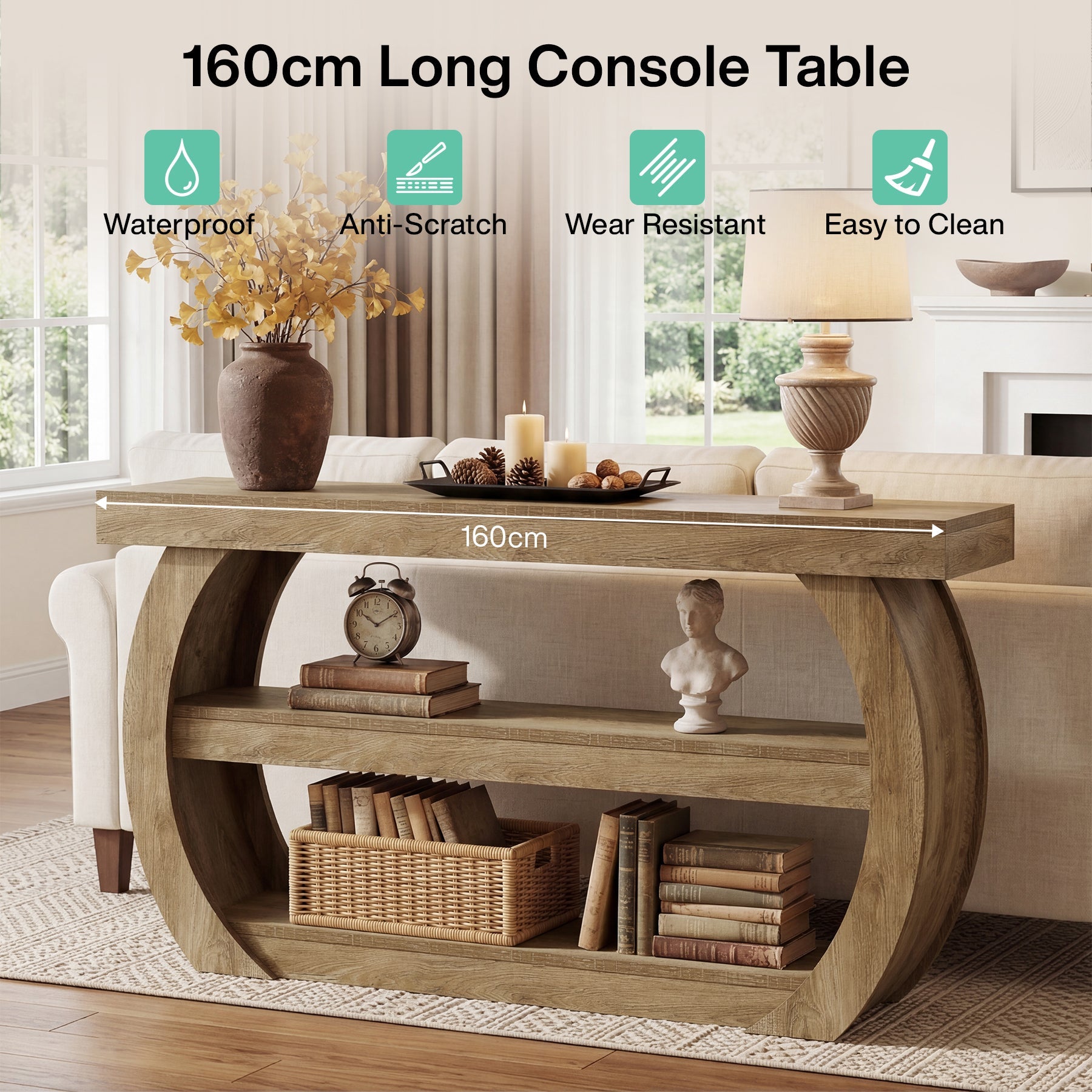 Tribesigns Table console style ferme (160 cm), Table d'entrée en bois à 3 niveaux avec étagère de rangement
