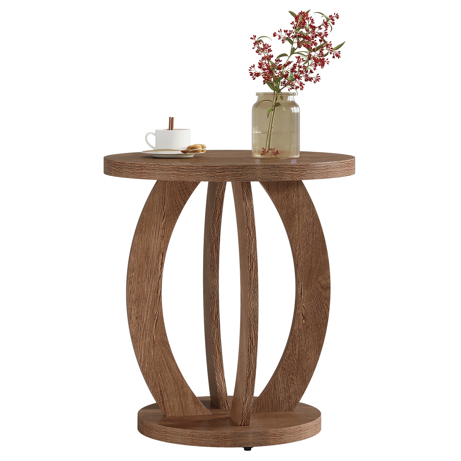 Tribesigns Table d'appoint de style campagnard de 50 cm avec plateau rond et rangement Brun rustique