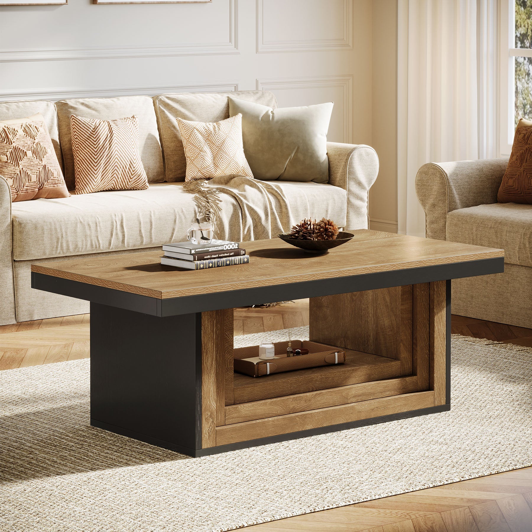 Tribesigns Table basse rectangulaire de 120 cm de style champêtre, Table de salon avec étagère et motif côtelé