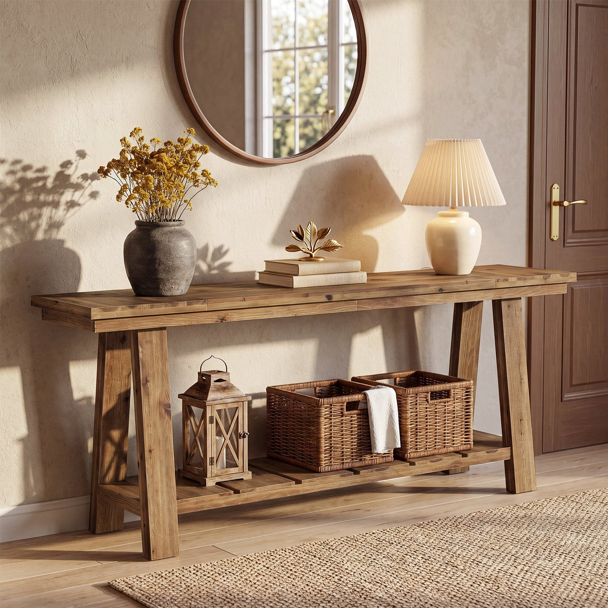 Tribesigns Table console en bois massif de 200 cm, Table d'entrée étroite avec 2 étagères