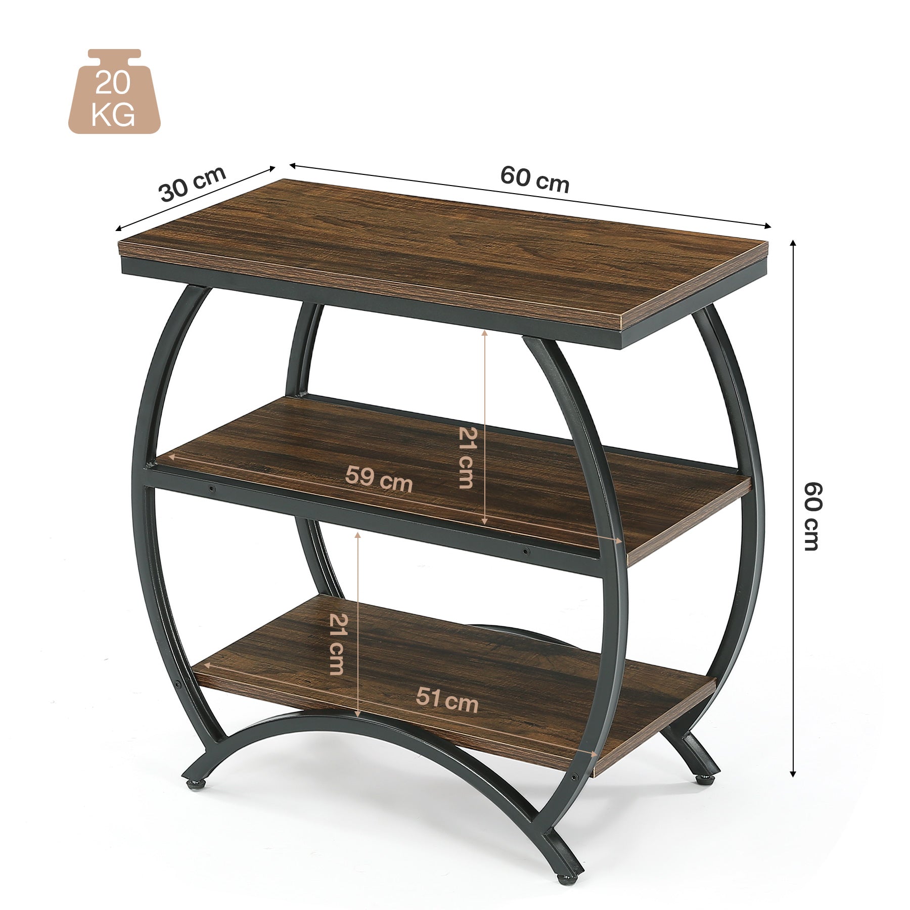 Tribesigns Table d'appoint étroite de 60 cm avec 3 niveaux de rangement, Table de chevet industrielle pour salon ou chambre