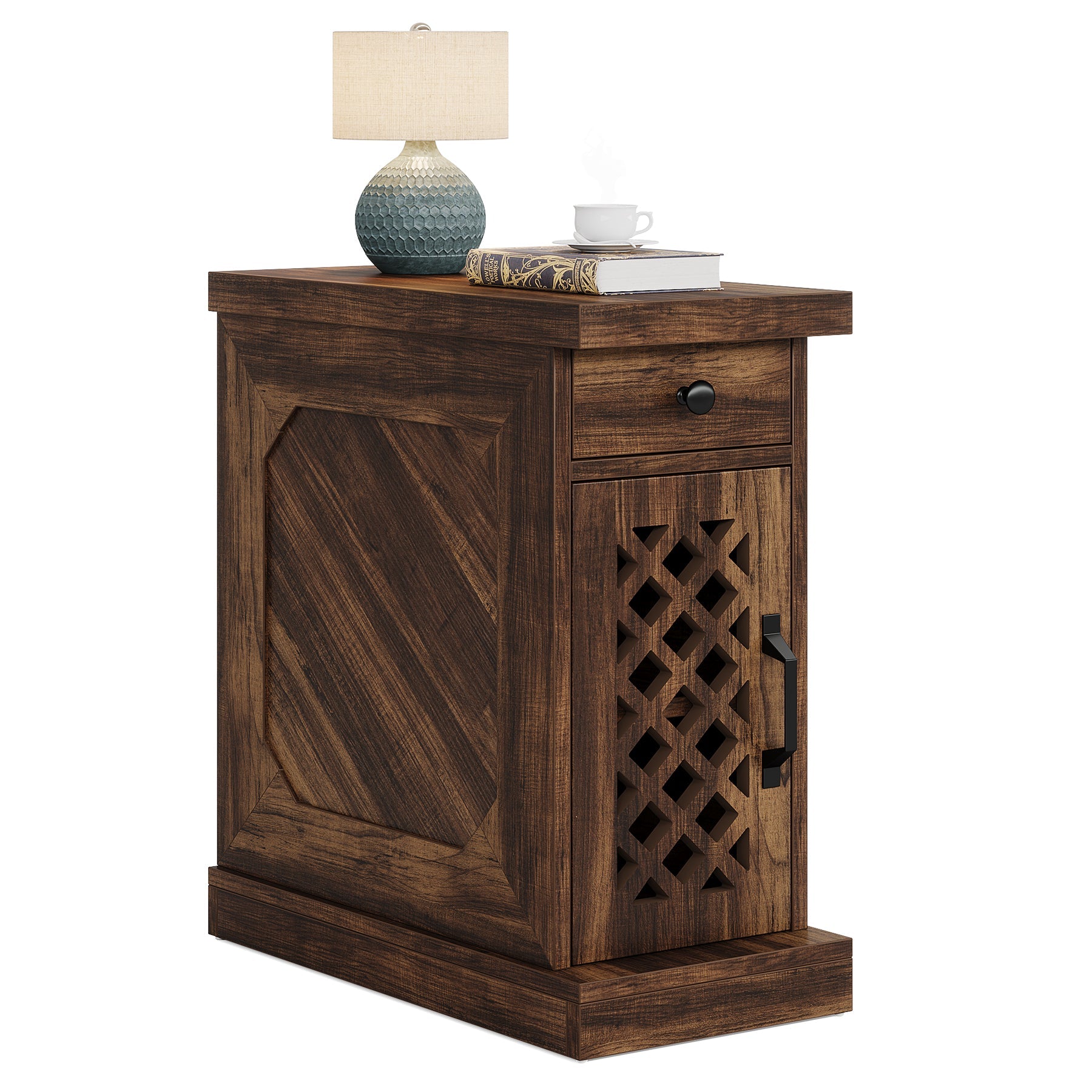 Tribesigns Table d'appoint de 65 cm, Table d'appoint étroite avec tiroir et placard