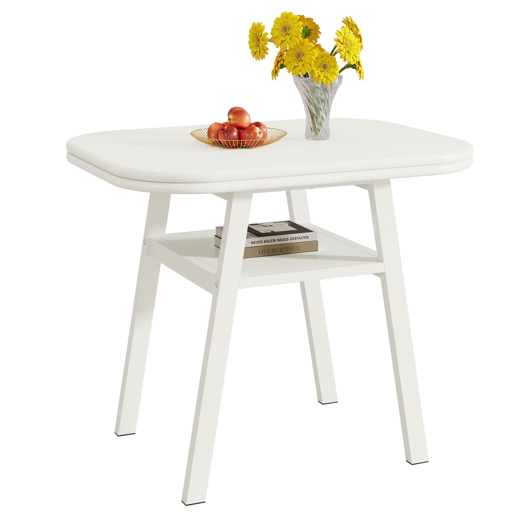 Tribesigns Table à manger de 80 cm pour 2 à 4 personnes, Table de cuisine moderne avec rangement et structure en métal blanc