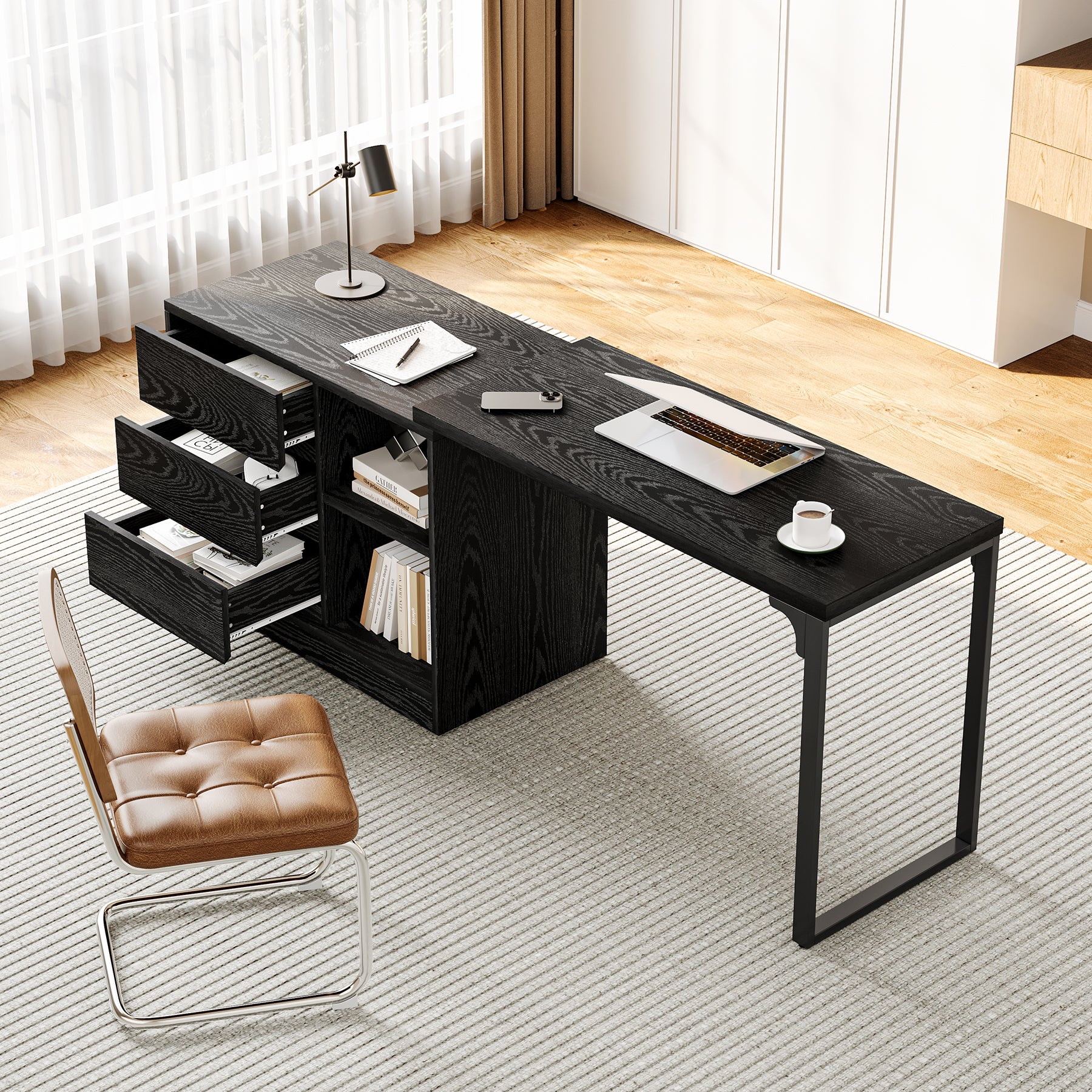 Tribesigns Bureau d'ordinateur, Bureau d'angle réversible avec armoire à tiroirs