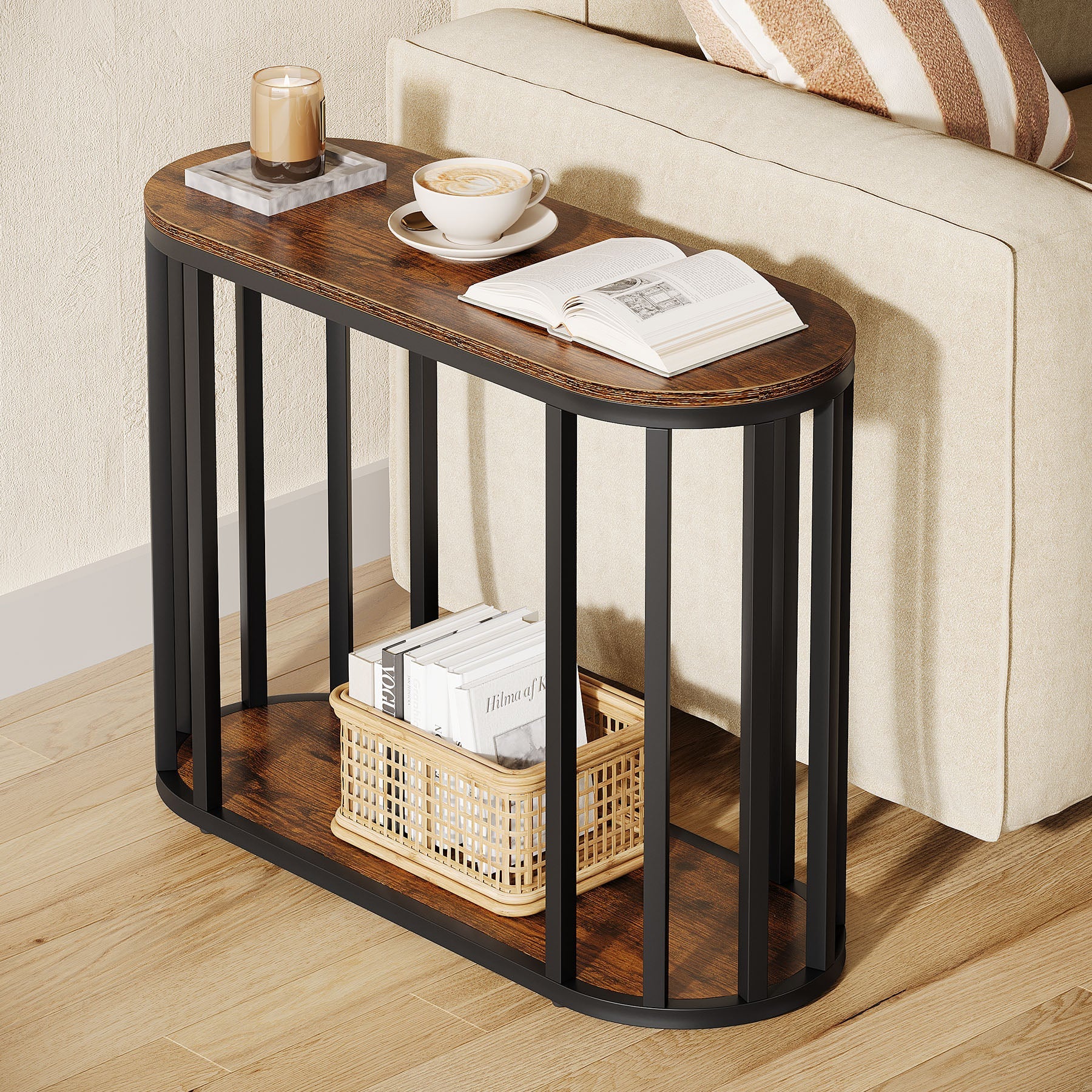 Tribesigns Table d'appoint étroite avec étagère, Table de chevet à deux niveaux de style industriel
