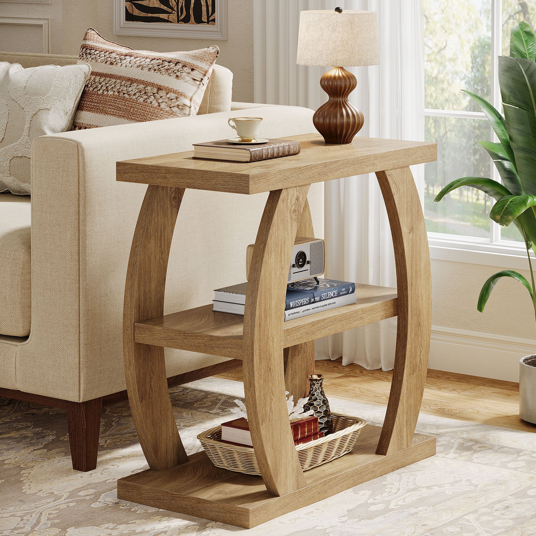 Tribesigns Table d'appoint étroite en bois à 3 niveaux, Table de chevet peu encombrante