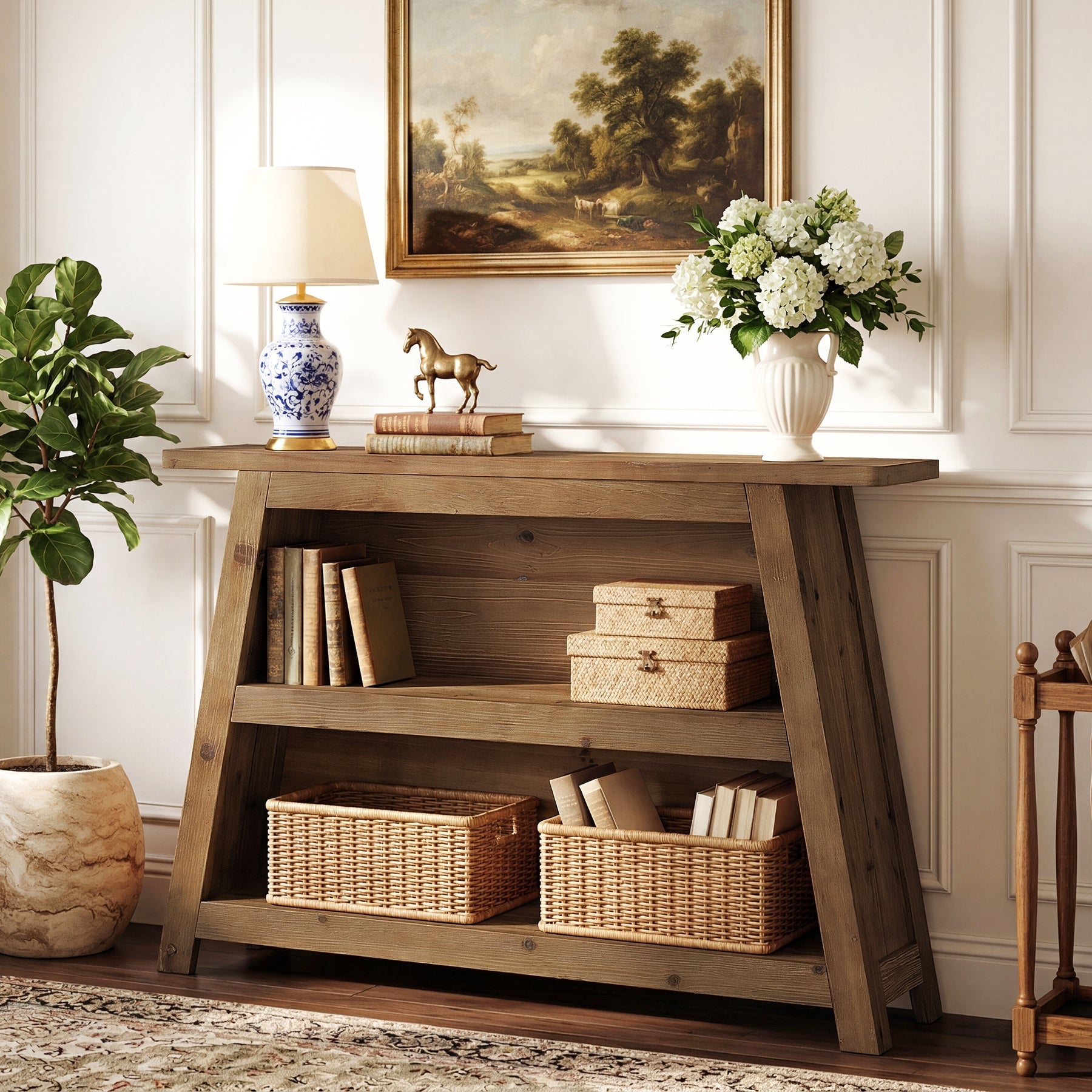 Tribesigns Console en bois massif de 120 cm, Table d'entrée à 3 niveaux de style champêtre avec étagères