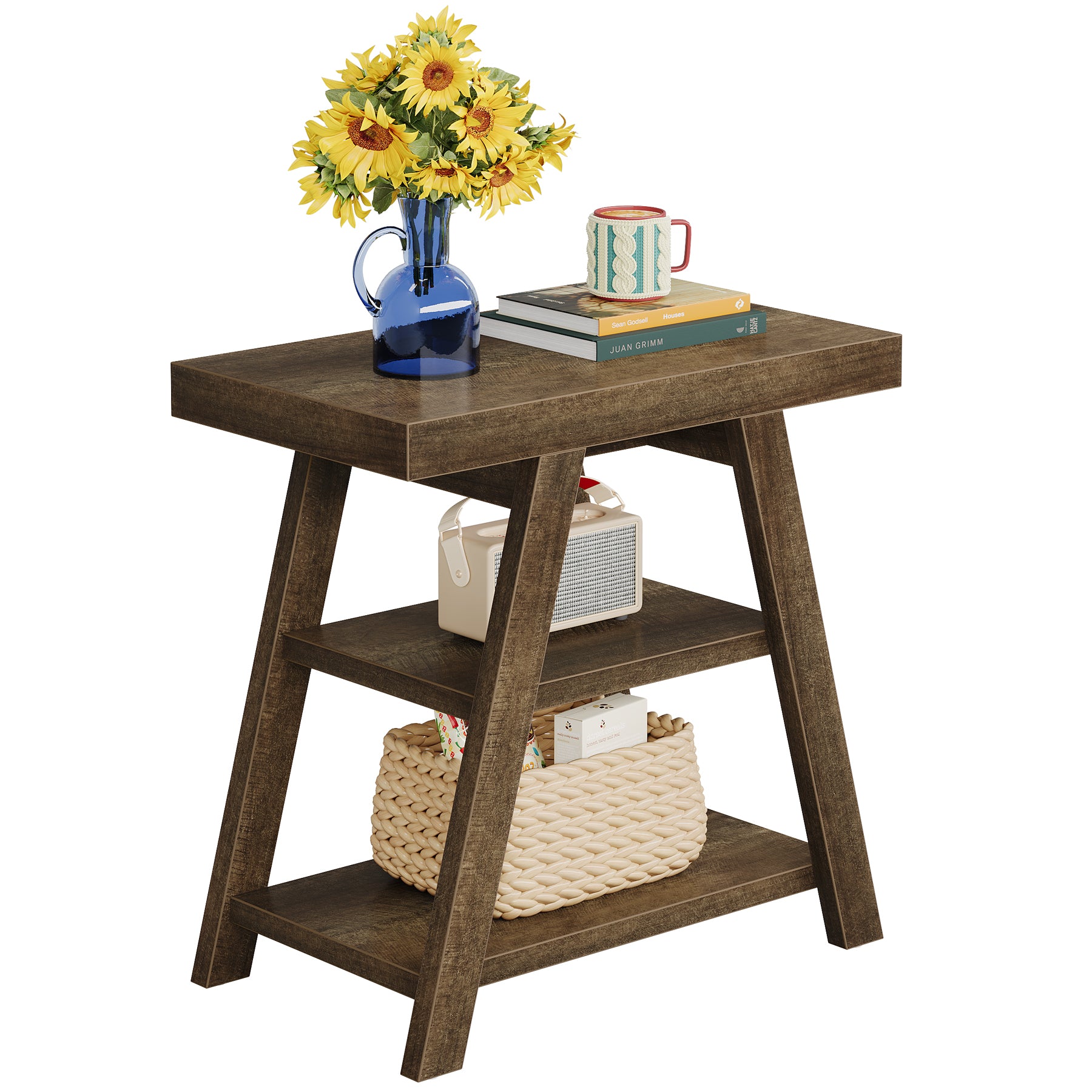 Tribesigns Table d'appoint style campagnard, Table d'appoint en bois à trois niveaux avec pieds trapézoïdaux