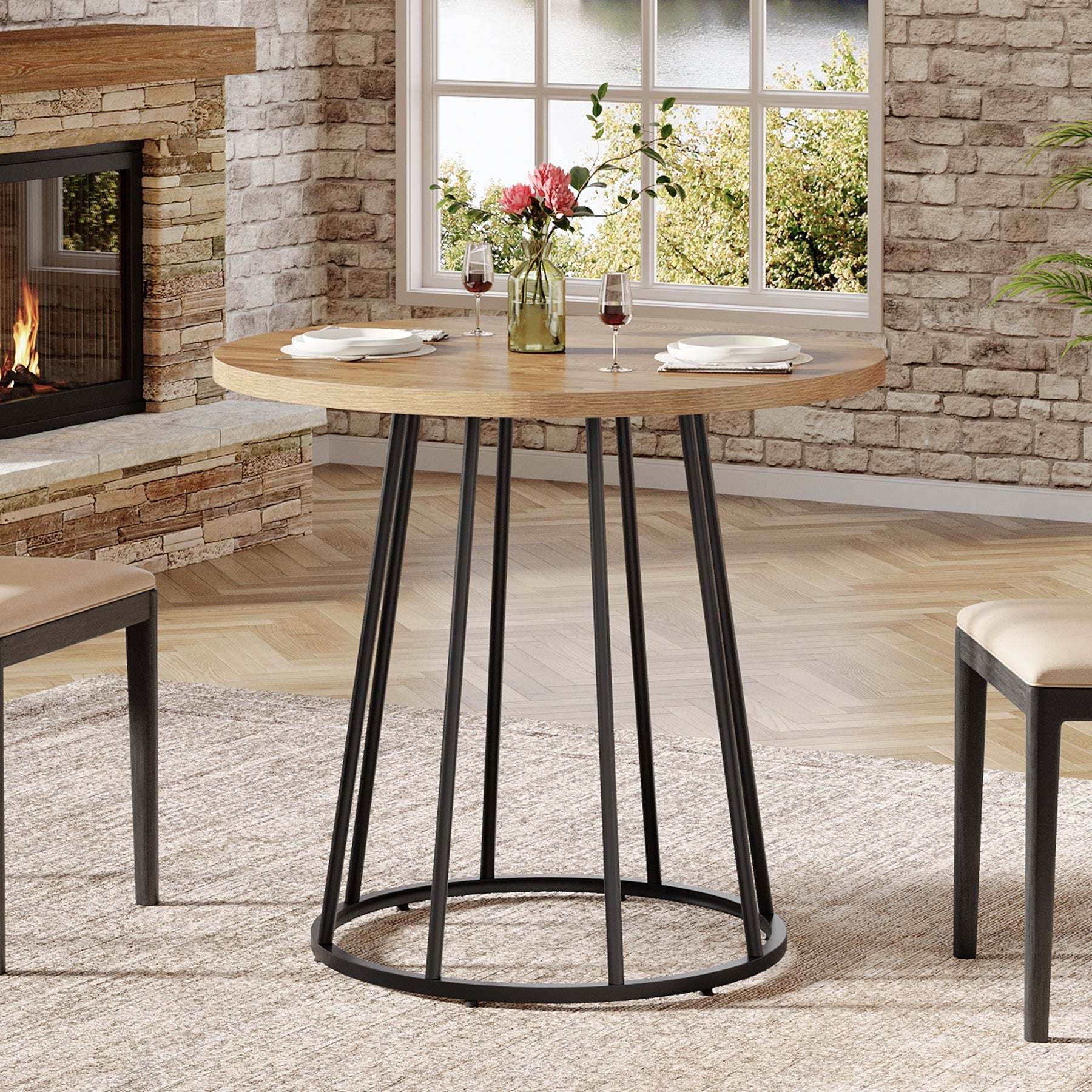 Tribesigns Table ronde de salle à manger de 80 cm, Style industriel pour 2 à 4 personnes avec piètement en acier