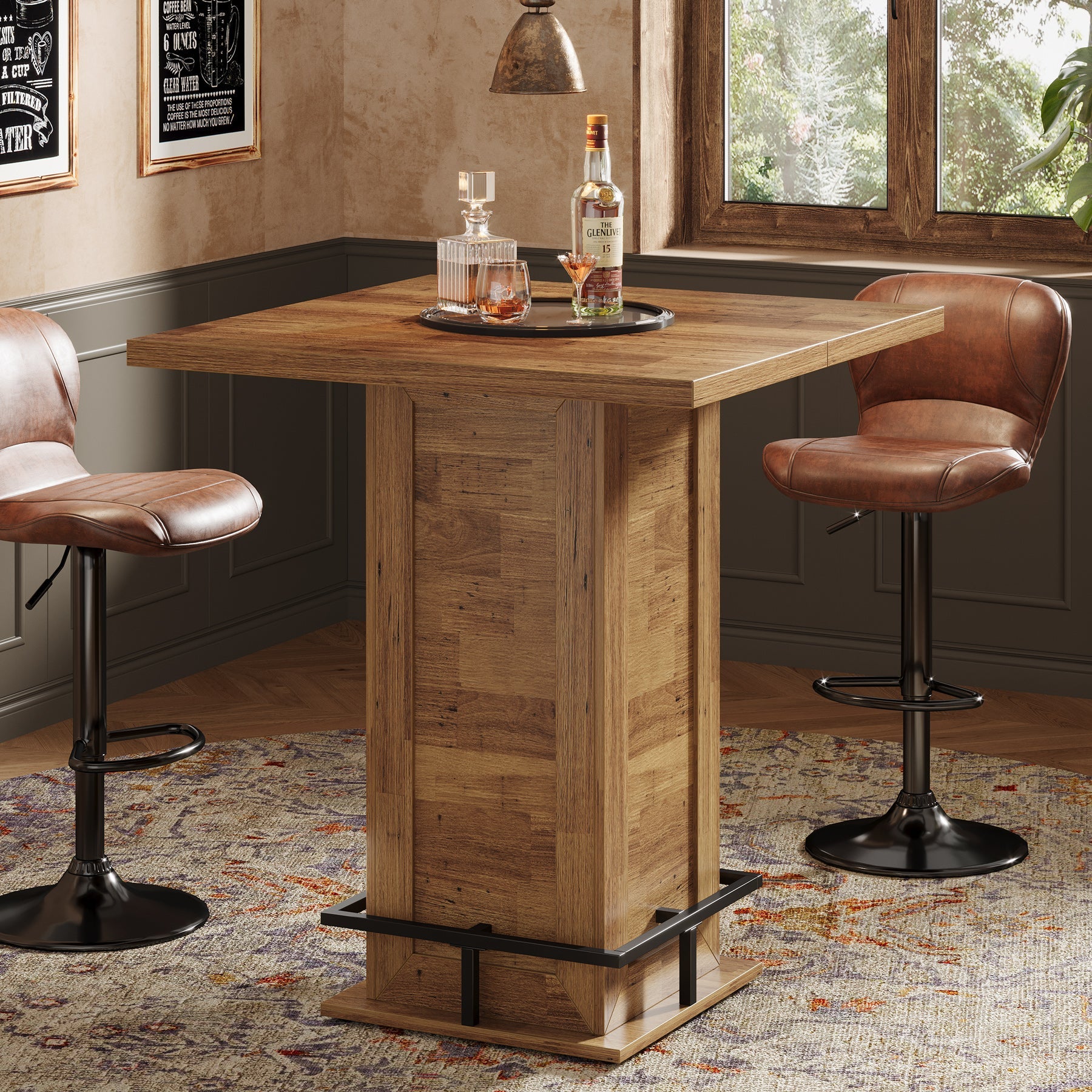 Tribesigns Table de bar carrée industrielle de 100 cm, Table haute de style bistro avec repose-pieds pour coin bar de cuisine dans les petits espaces