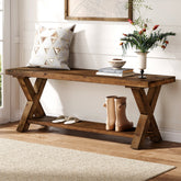 Tribesigns Banc en bois massif de 110 cm avec compartiment de rangement, Banc à chaussures de style campagnard avec structure en X, couleur marron 3