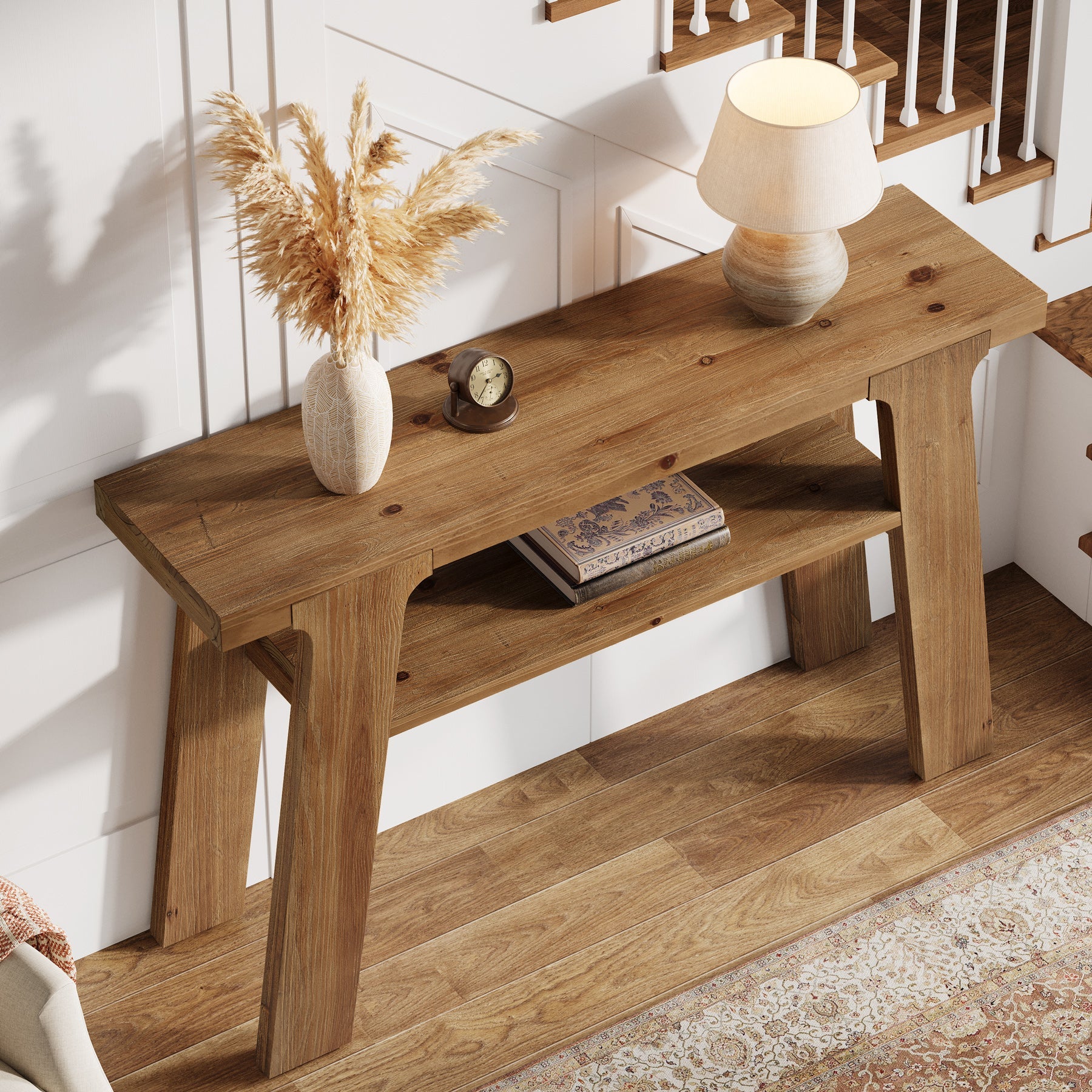 Tribesigns Console en bois massif de 120 cm, Style rustique idéale pour une entrée ou un canapé avec 2 étagères